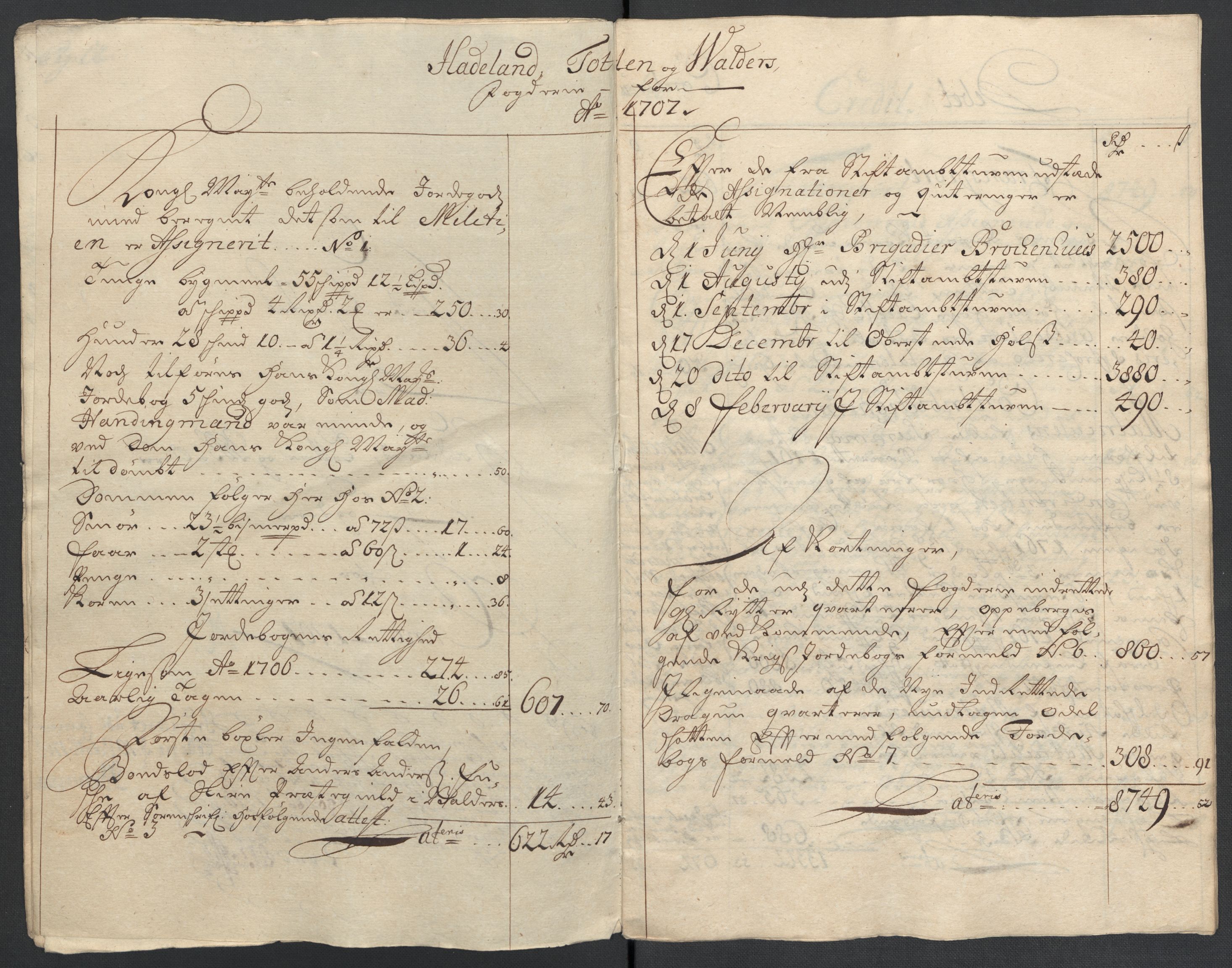 Rentekammeret inntil 1814, Reviderte regnskaper, Fogderegnskap, AV/RA-EA-4092/R18/L1305: Fogderegnskap Hadeland, Toten og Valdres, 1707-1708, p. 10
