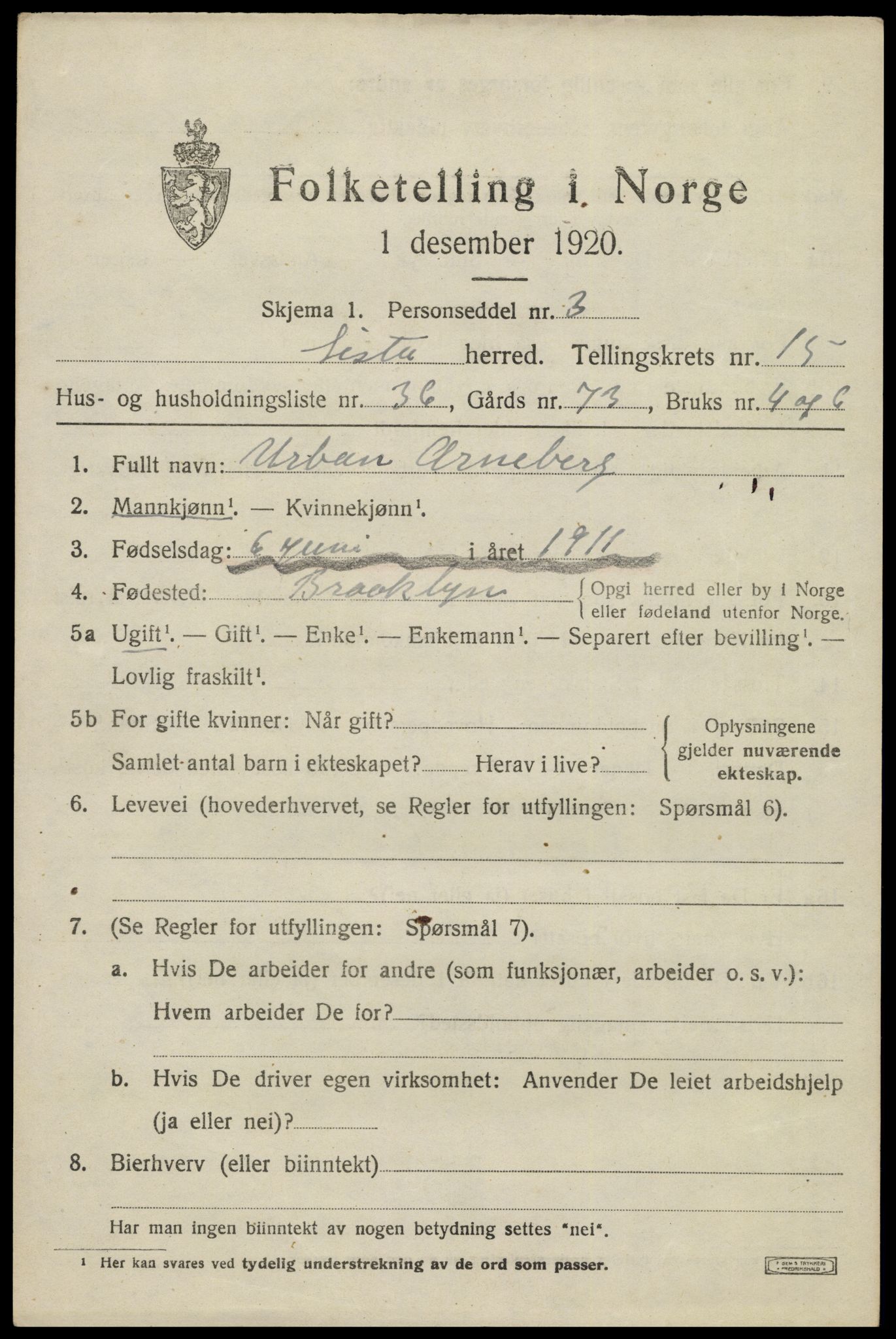 SAK, 1920 census for Lista, 1920, p. 12899