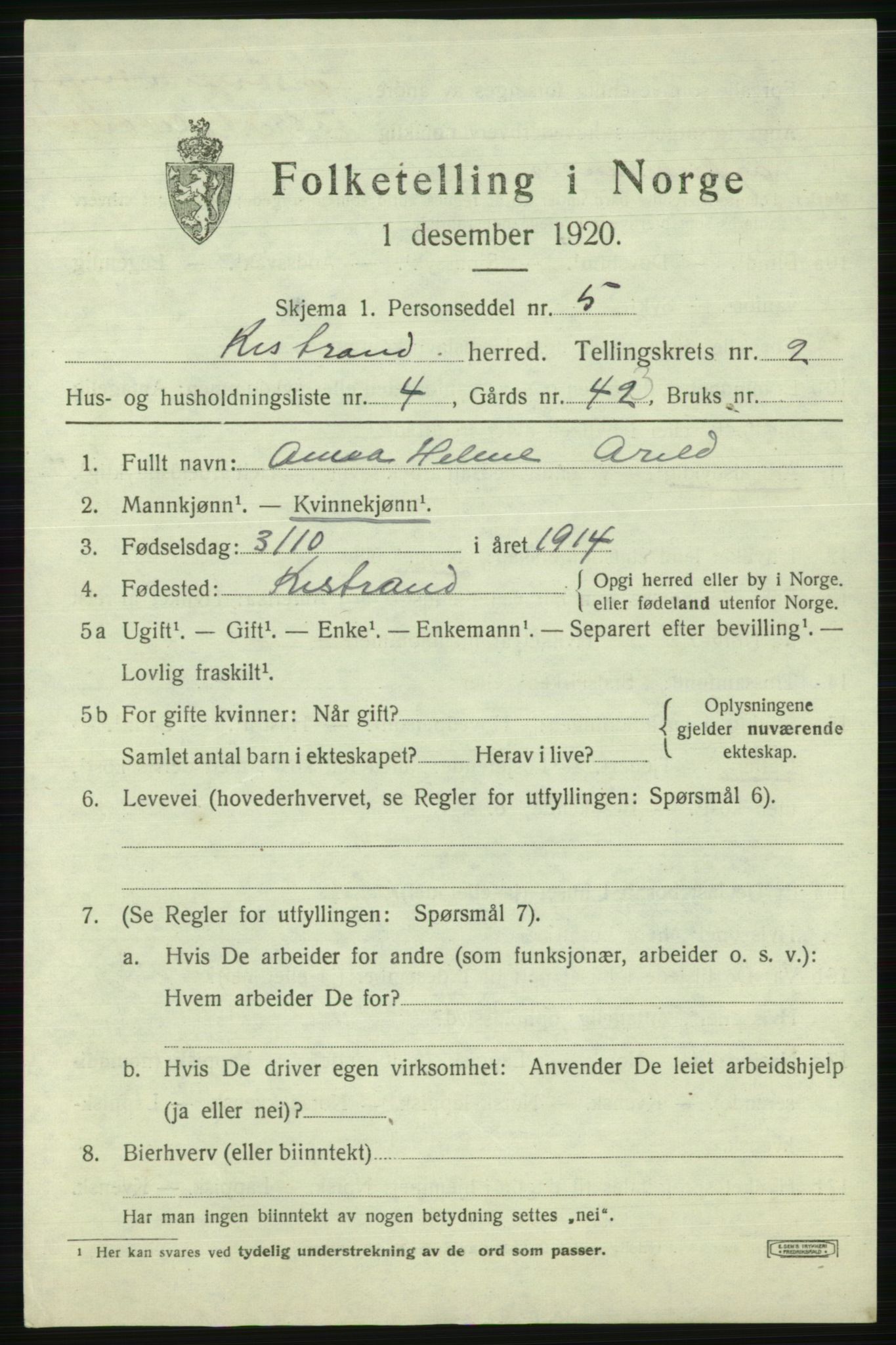 SATØ, 1920 census for Kistrand, 1920, p. 1526