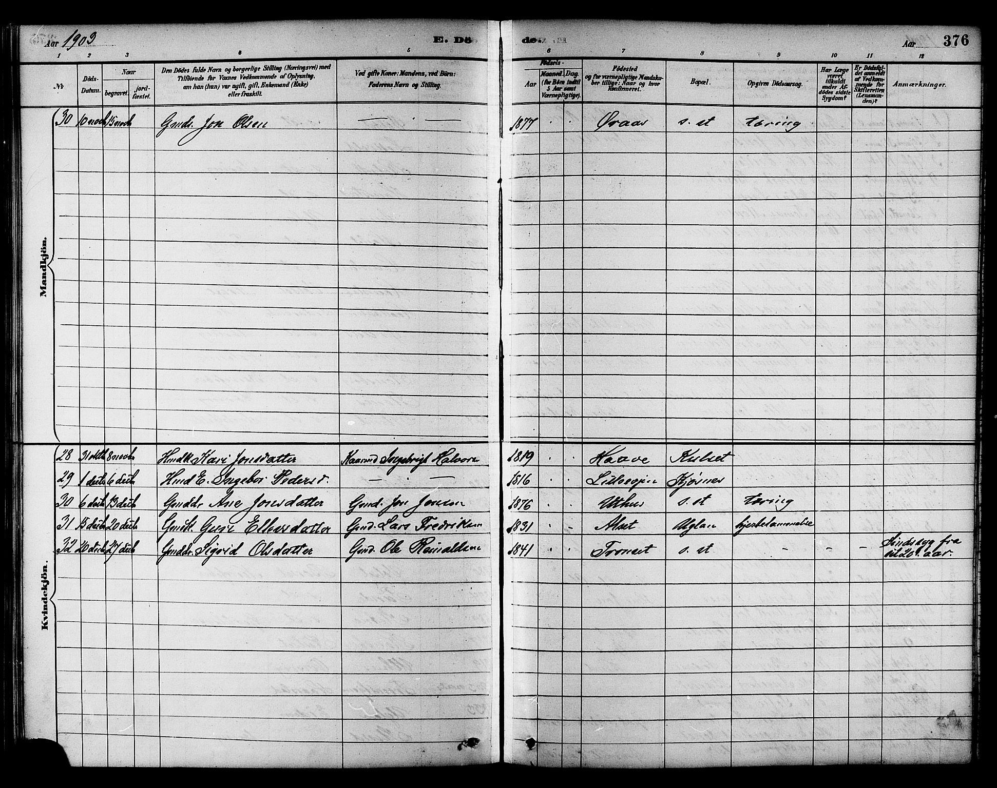 Ministerialprotokoller, klokkerbøker og fødselsregistre - Sør-Trøndelag, SAT/A-1456/695/L1157: Parish register (copy) no. 695C08, 1889-1913, p. 376