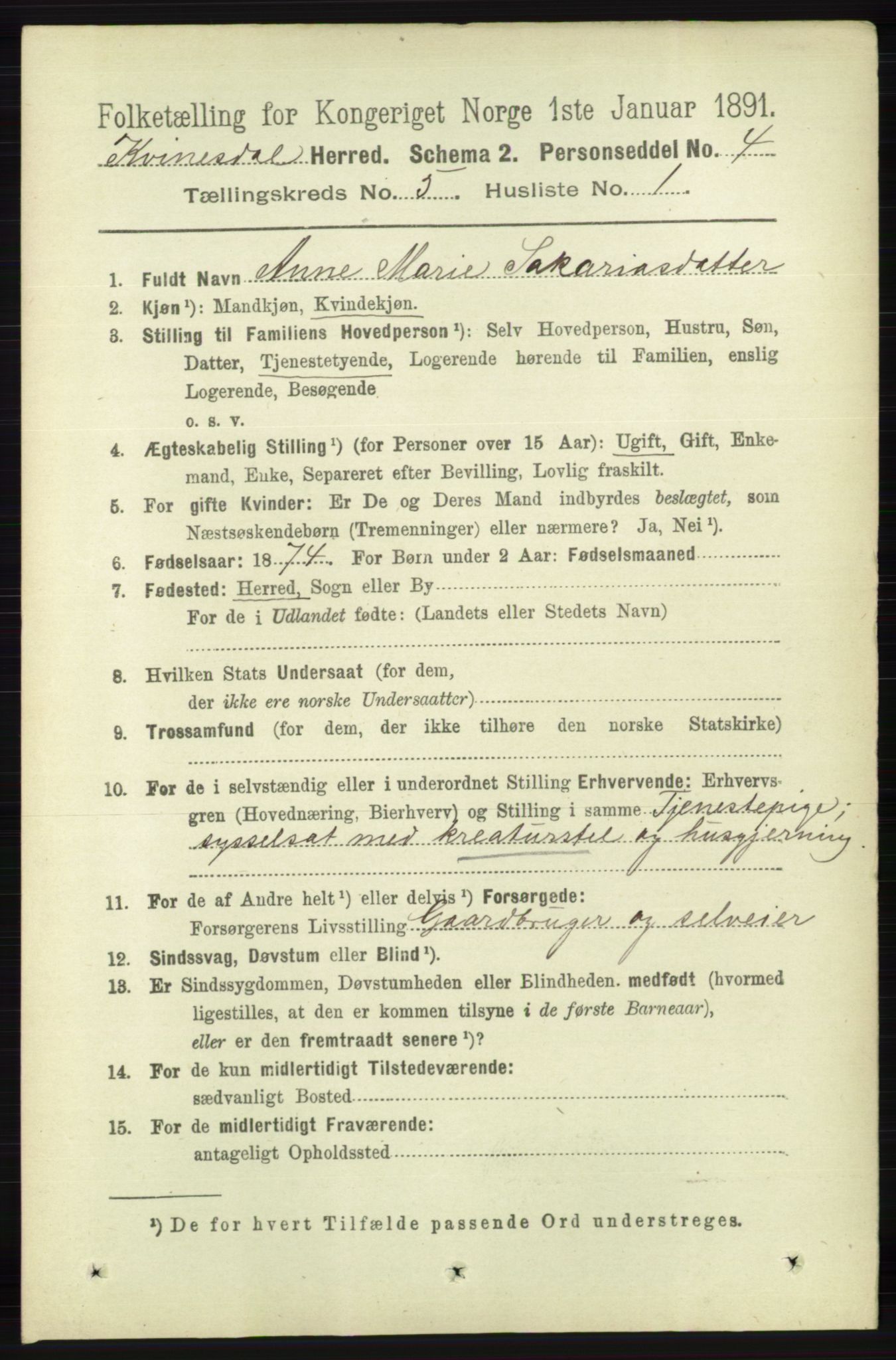 RA, 1891 census for 1037 Kvinesdal, 1891, p. 1702