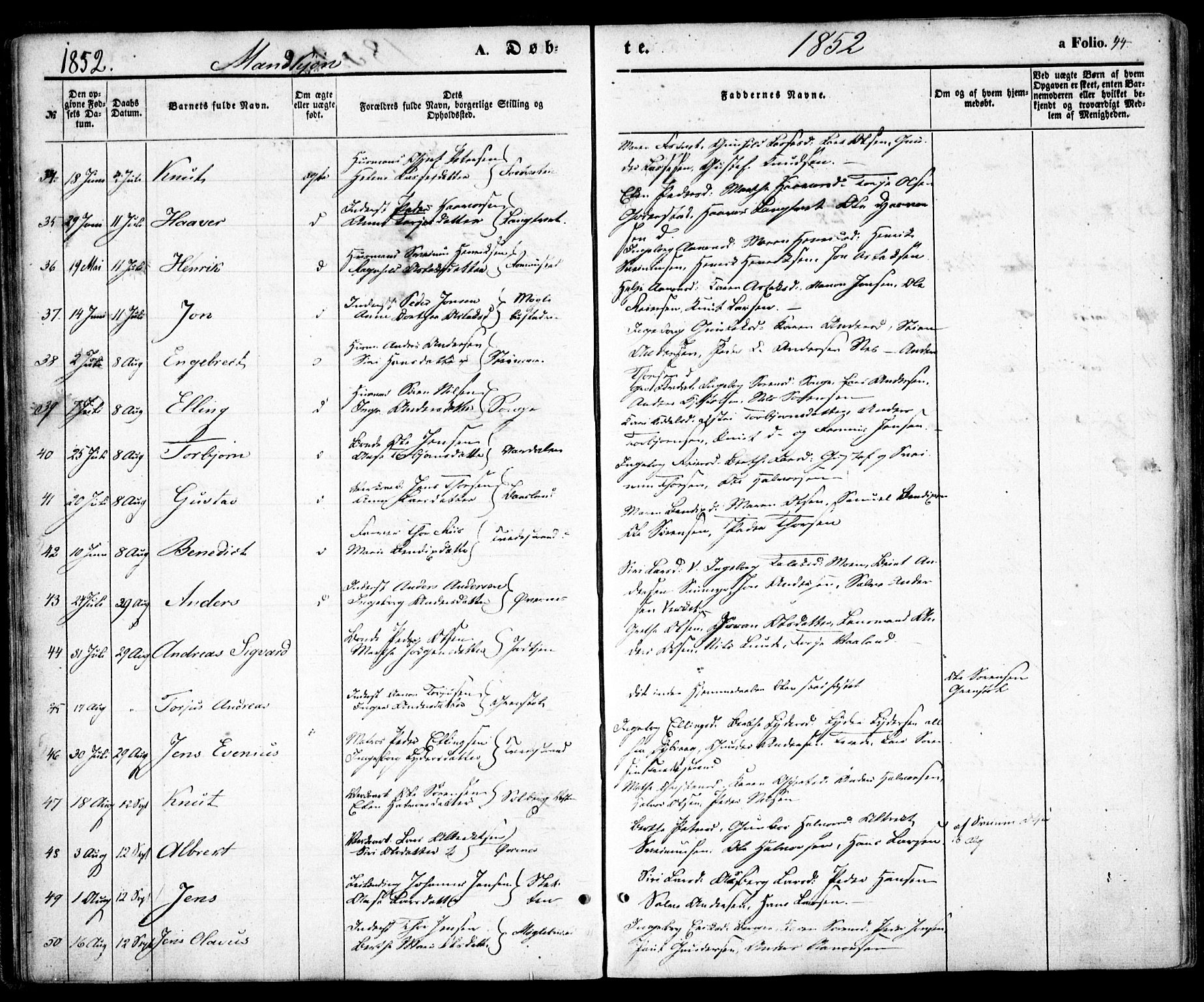 Holt sokneprestkontor, AV/SAK-1111-0021/F/Fa/L0008: Parish register (official) no. A 8, 1849-1860, p. 44