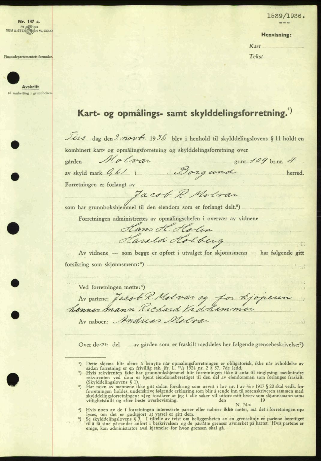 Nordre Sunnmøre sorenskriveri, AV/SAT-A-0006/1/2/2C/2Ca: Mortgage book no. A2, 1936-1937, Diary no: : 1539/1936