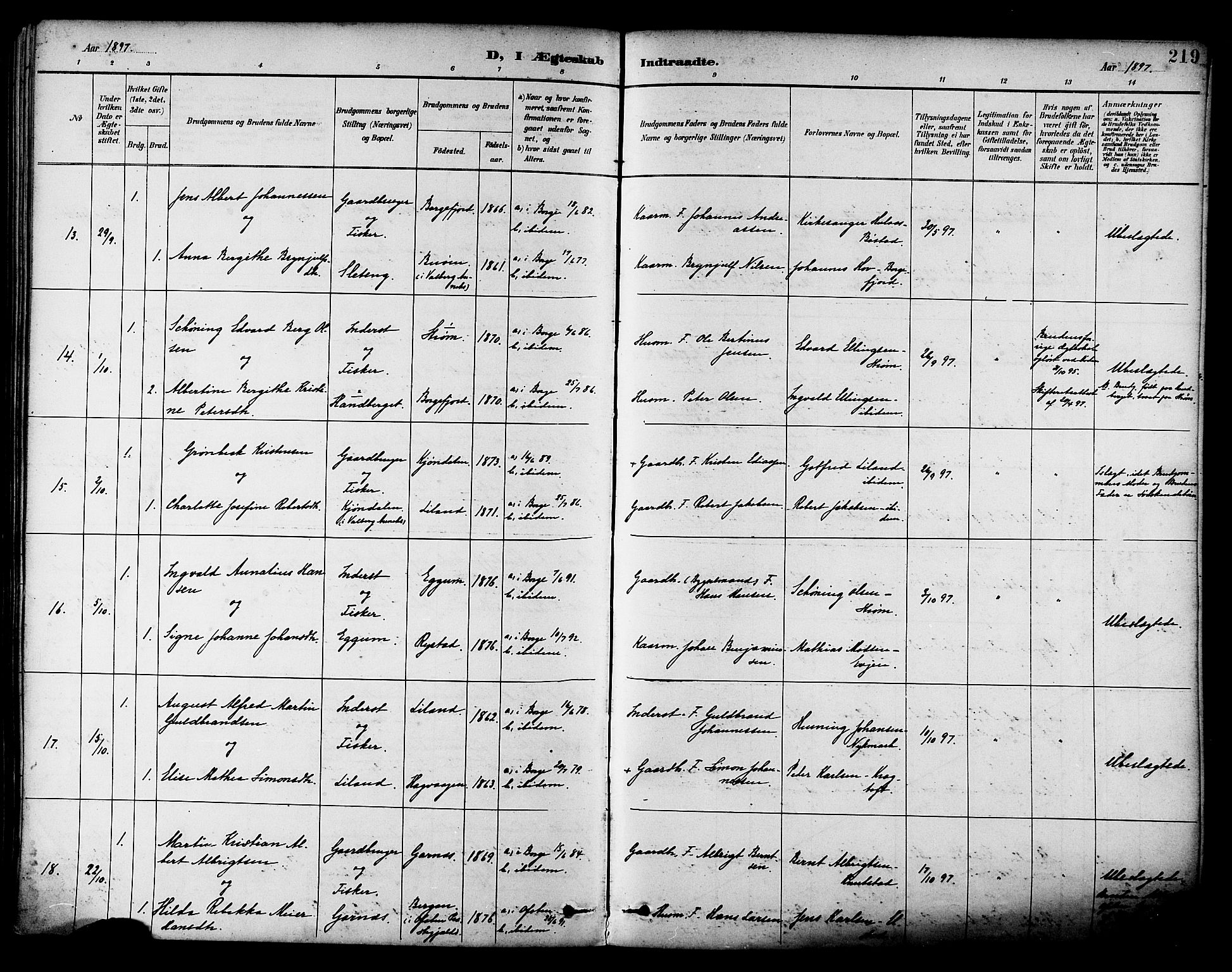 Ministerialprotokoller, klokkerbøker og fødselsregistre - Nordland, AV/SAT-A-1459/880/L1133: Parish register (official) no. 880A07, 1888-1898, p. 219