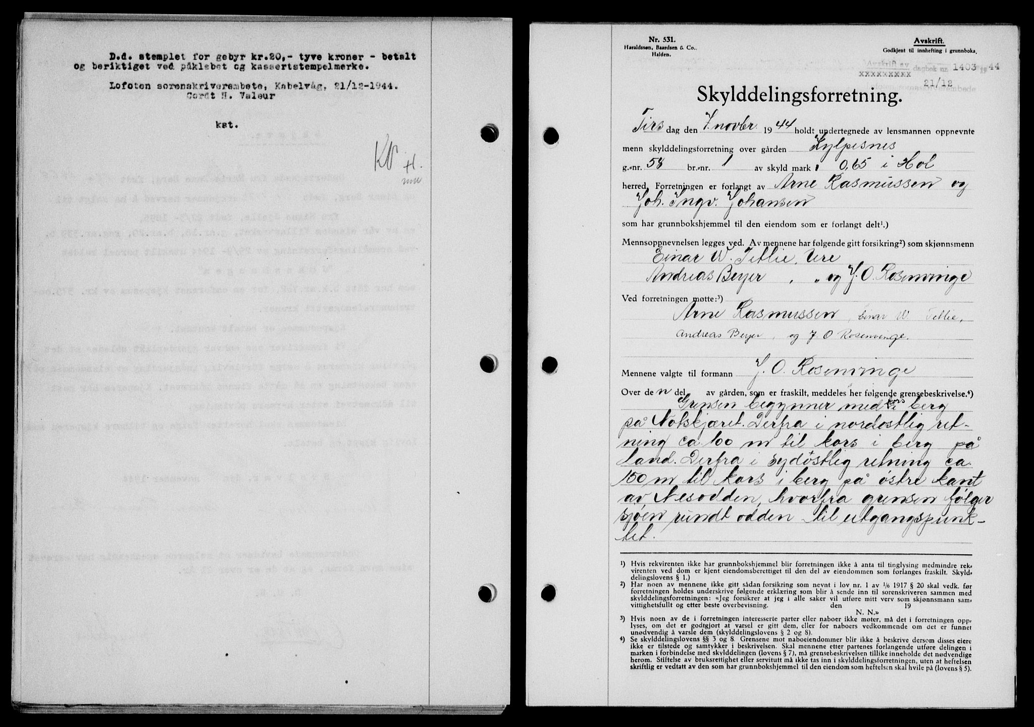 Lofoten sorenskriveri, SAT/A-0017/1/2/2C/L0013a: Mortgage book no. 13a, 1944-1946, Diary no: : 1403/1944
