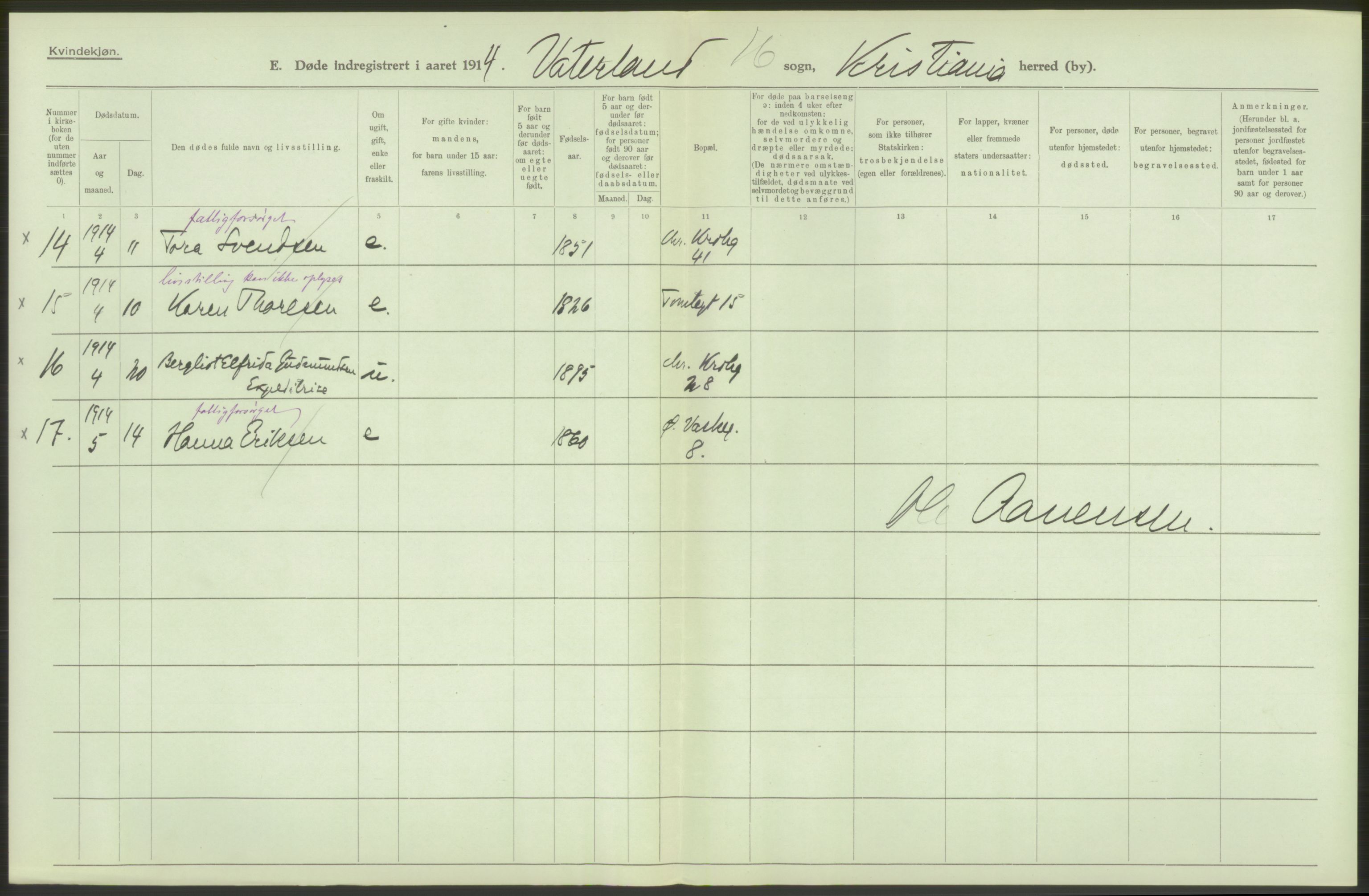 Statistisk sentralbyrå, Sosiodemografiske emner, Befolkning, AV/RA-S-2228/D/Df/Dfb/Dfbd/L0008: Kristiania: Døde, 1914, p. 236