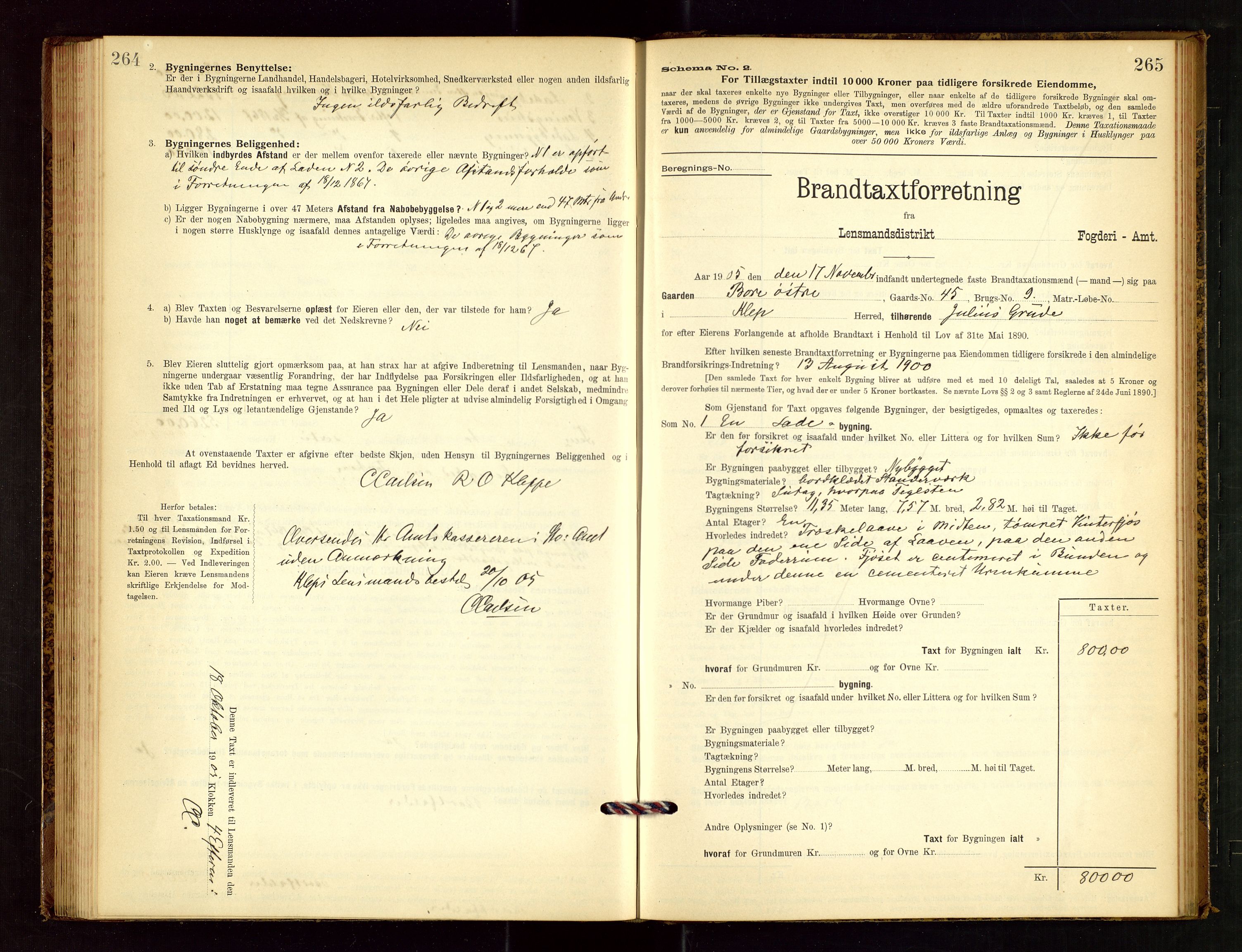 Klepp lensmannskontor, AV/SAST-A-100163/Goc/L0003: "Brandtaxationsprotokol" m/register, 1902-1907, p. 264-265