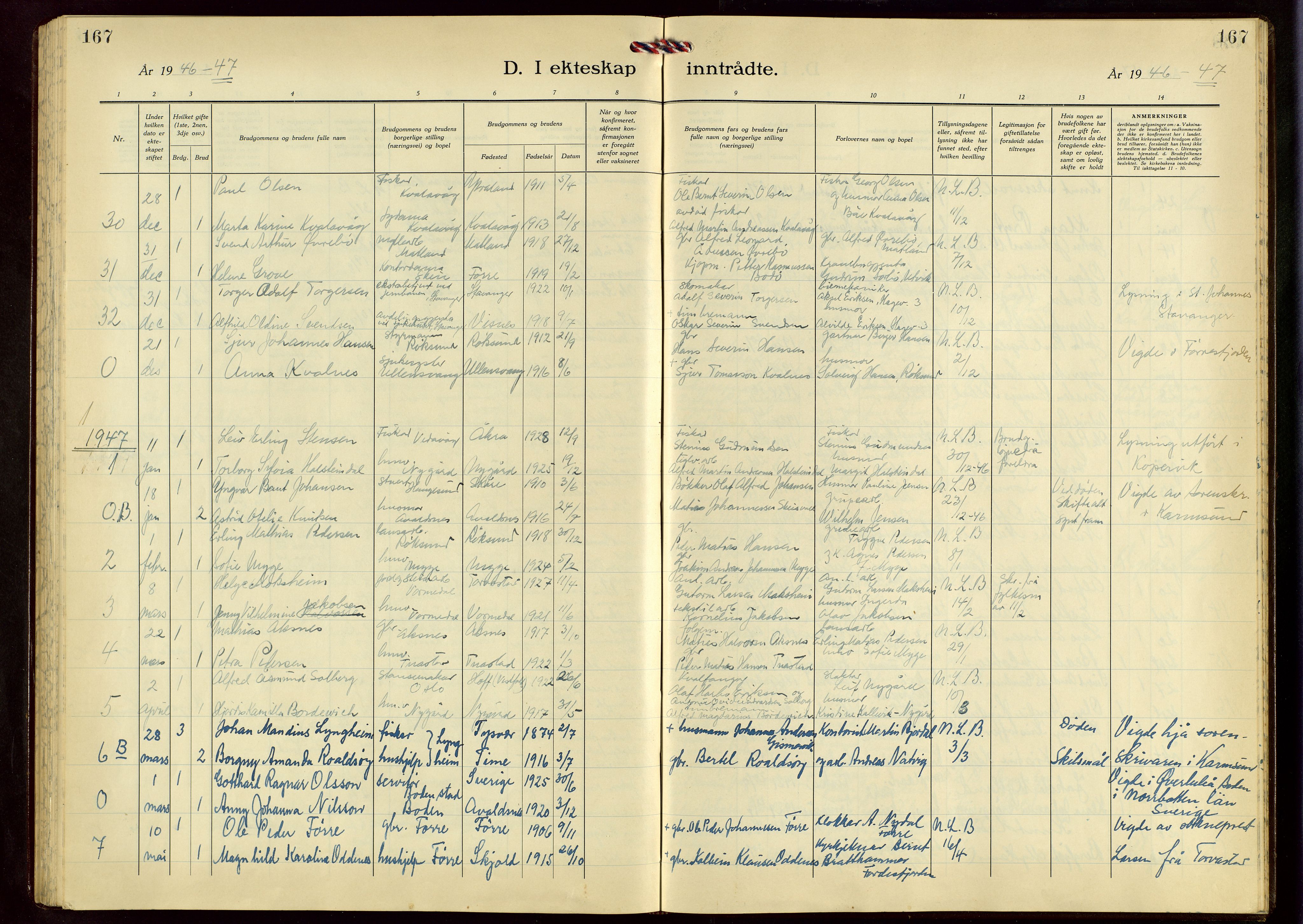 Avaldsnes sokneprestkontor, AV/SAST-A -101851/H/Ha/Hab/L0009: Parish register (copy) no. B 9, 1940-1958, p. 167