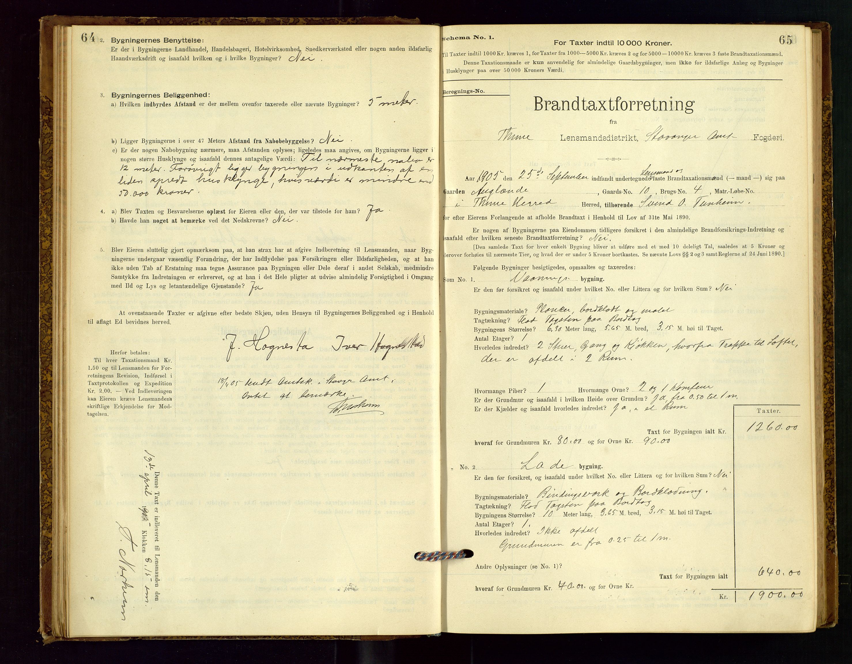 Time lensmannskontor, SAST/A-100420/Gob/L0001: Branntakstprotokoll, 1896-1914, p. 64-65