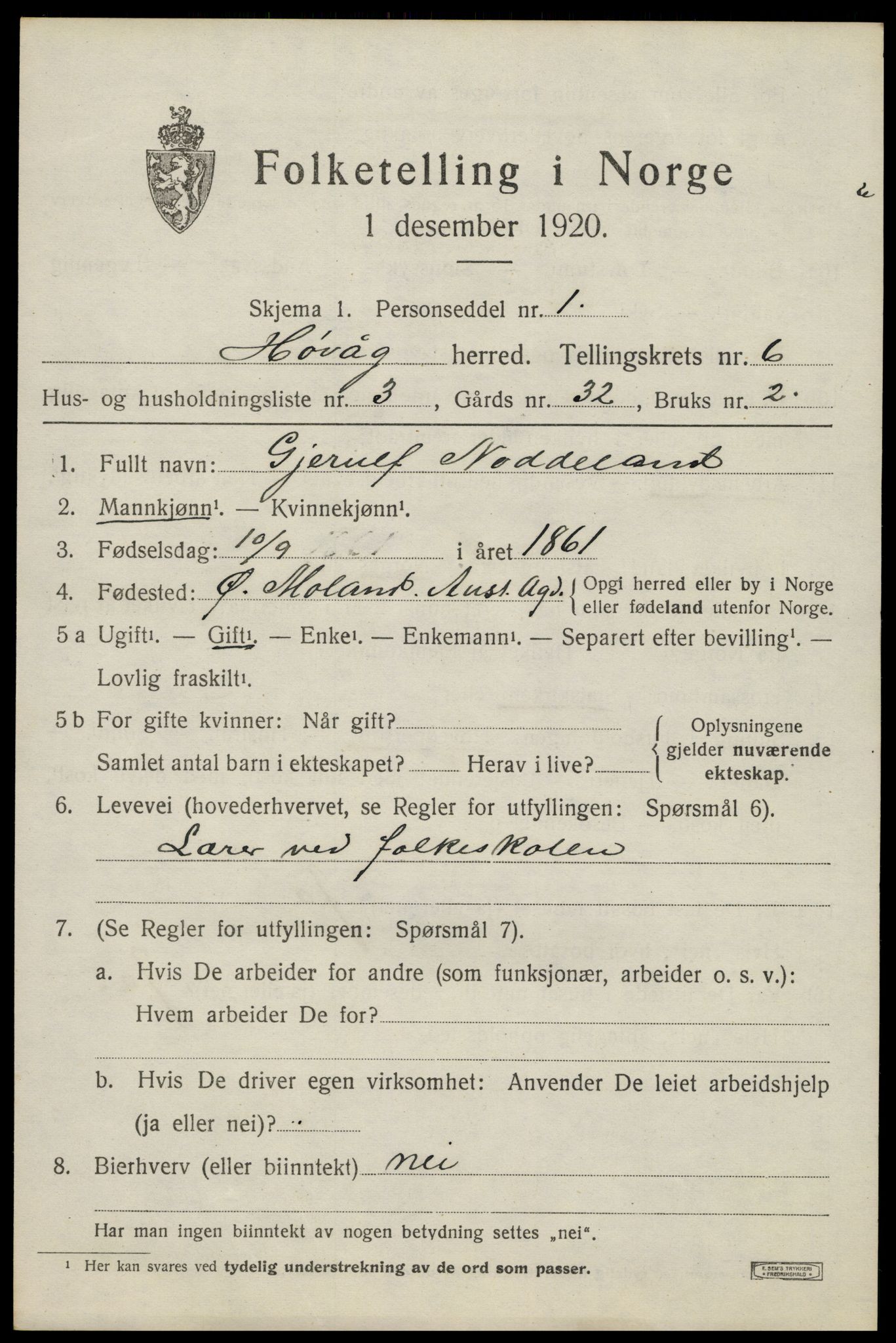 SAK, 1920 census for Høvåg, 1920, p. 3106