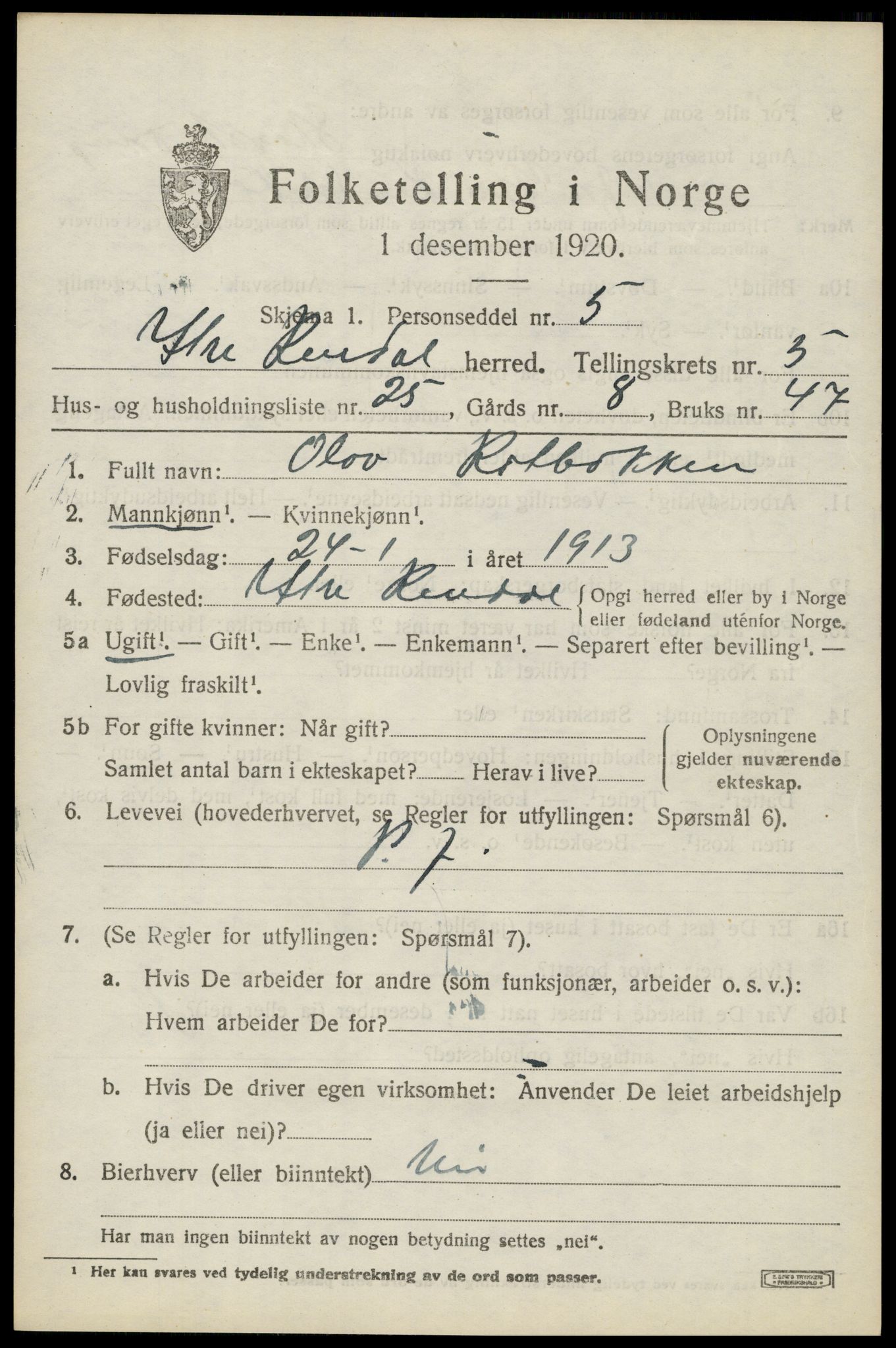 SAH, 1920 census for Ytre Rendal, 1920, p. 2929