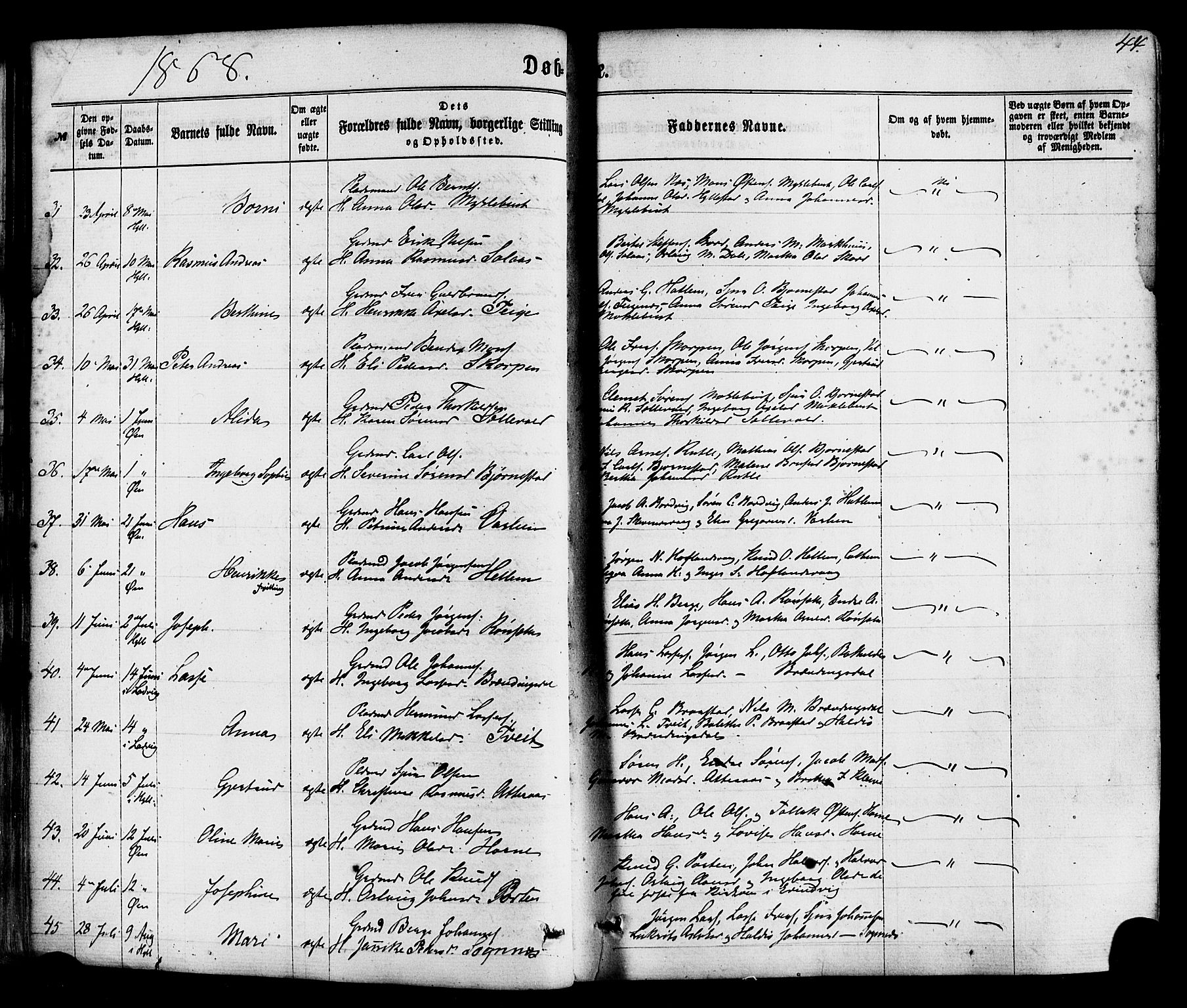 Hyllestad sokneprestembete, AV/SAB-A-80401: Parish register (official) no. A 1, 1861-1886, p. 44