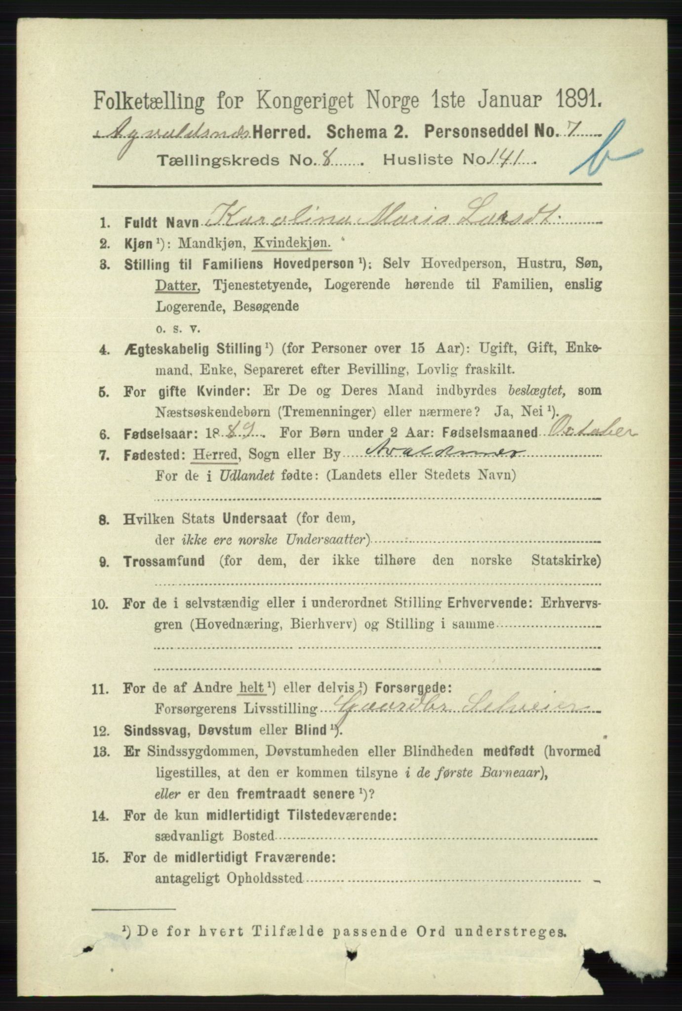 RA, 1891 census for 1147 Avaldsnes, 1891, p. 4888