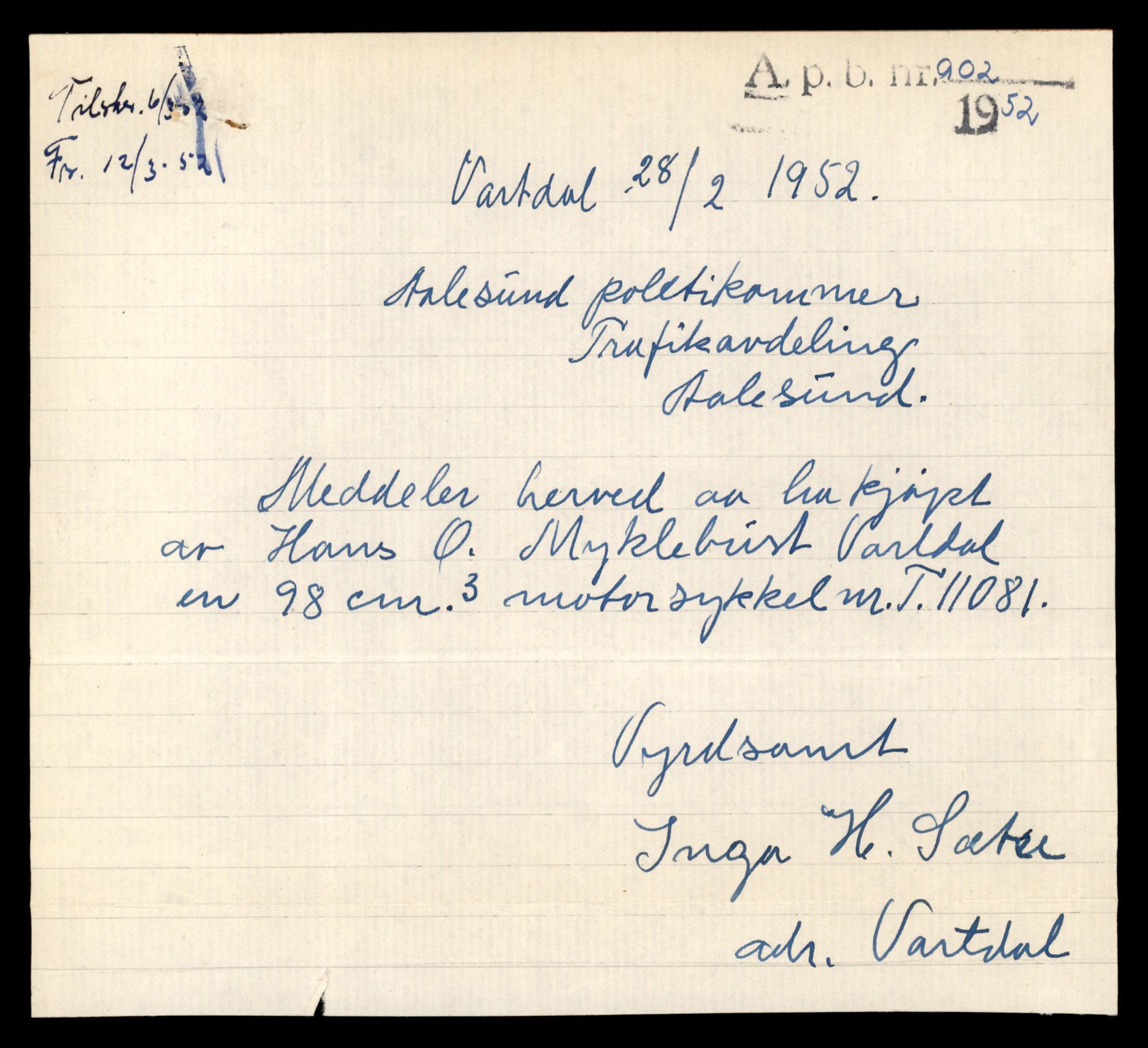 Møre og Romsdal vegkontor - Ålesund trafikkstasjon, AV/SAT-A-4099/F/Fe/L0026: Registreringskort for kjøretøy T 11046 - T 11160, 1927-1998, p. 1087