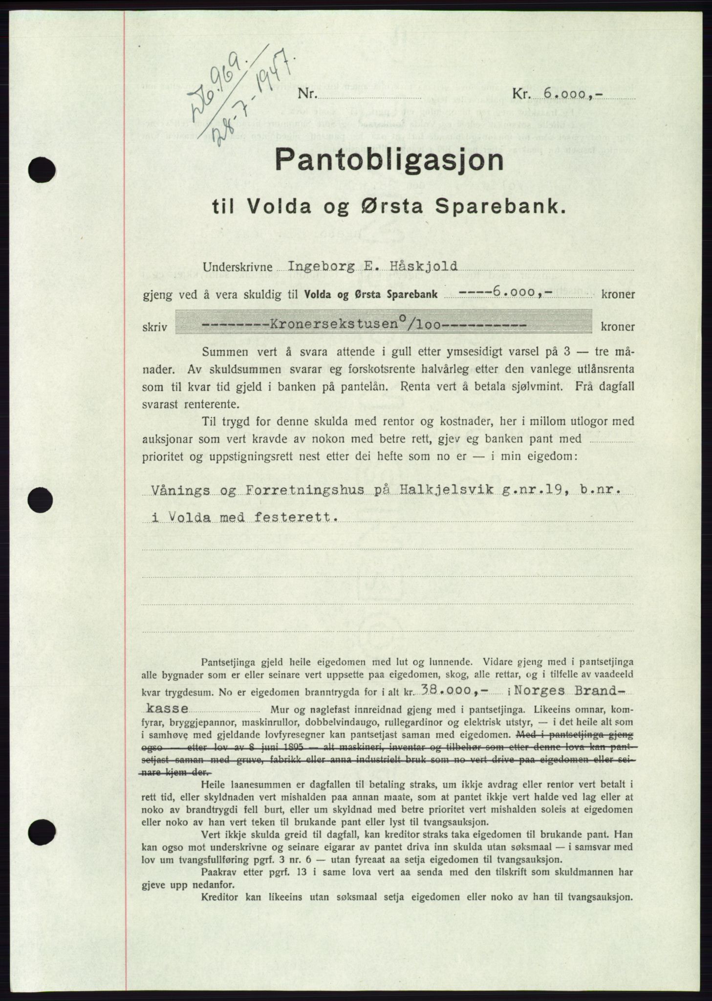 Søre Sunnmøre sorenskriveri, AV/SAT-A-4122/1/2/2C/L0115: Mortgage book no. 3B, 1947-1948, Diary no: : 969/1947