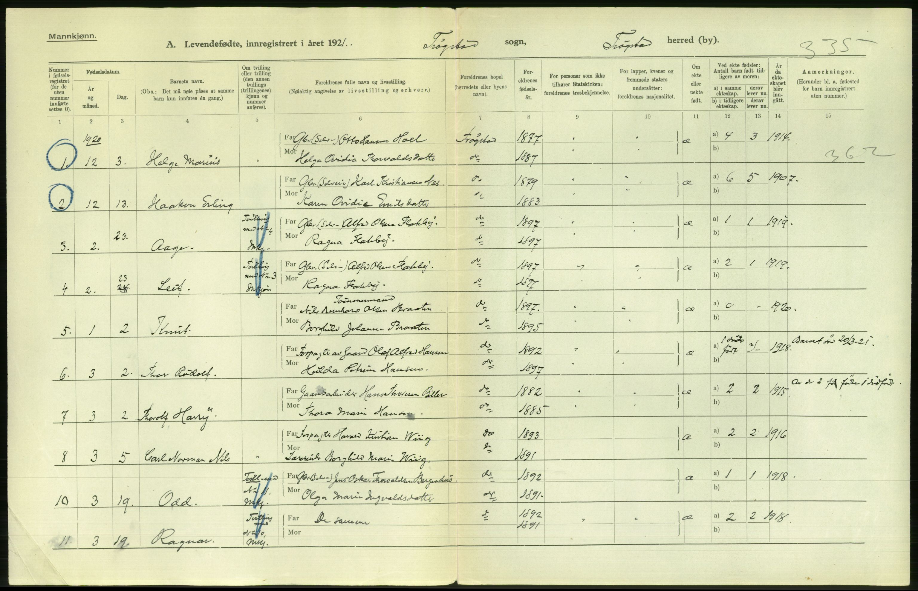 Statistisk sentralbyrå, Sosiodemografiske emner, Befolkning, AV/RA-S-2228/D/Df/Dfc/Dfca/L0001: Østfold fylke: Levendefødte menn og kvinner. Bygder., 1921, p. 2