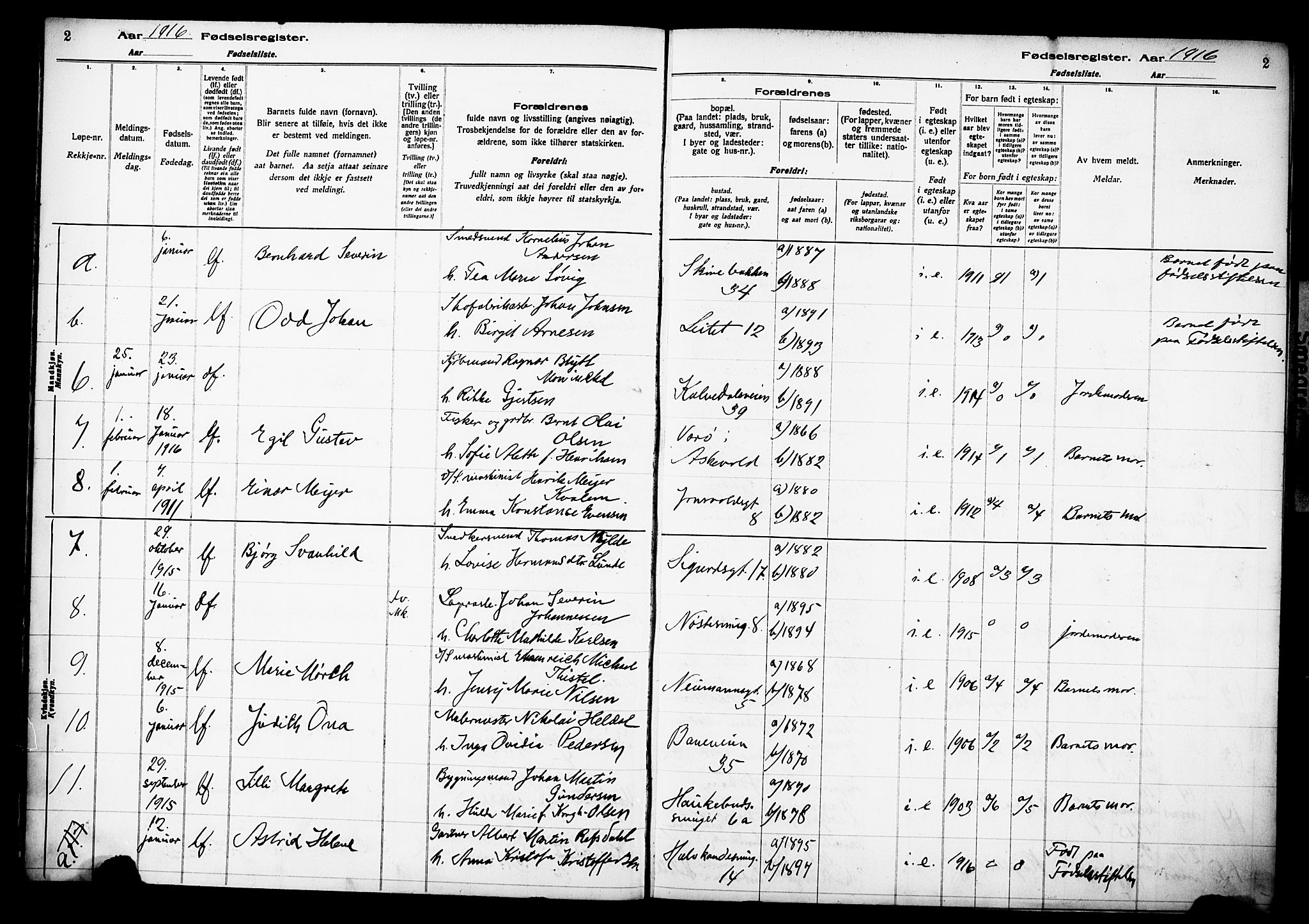 Domkirken sokneprestembete, AV/SAB-A-74801/I/Id/L00A1: Birth register no. A 1, 1916-1923, p. 2