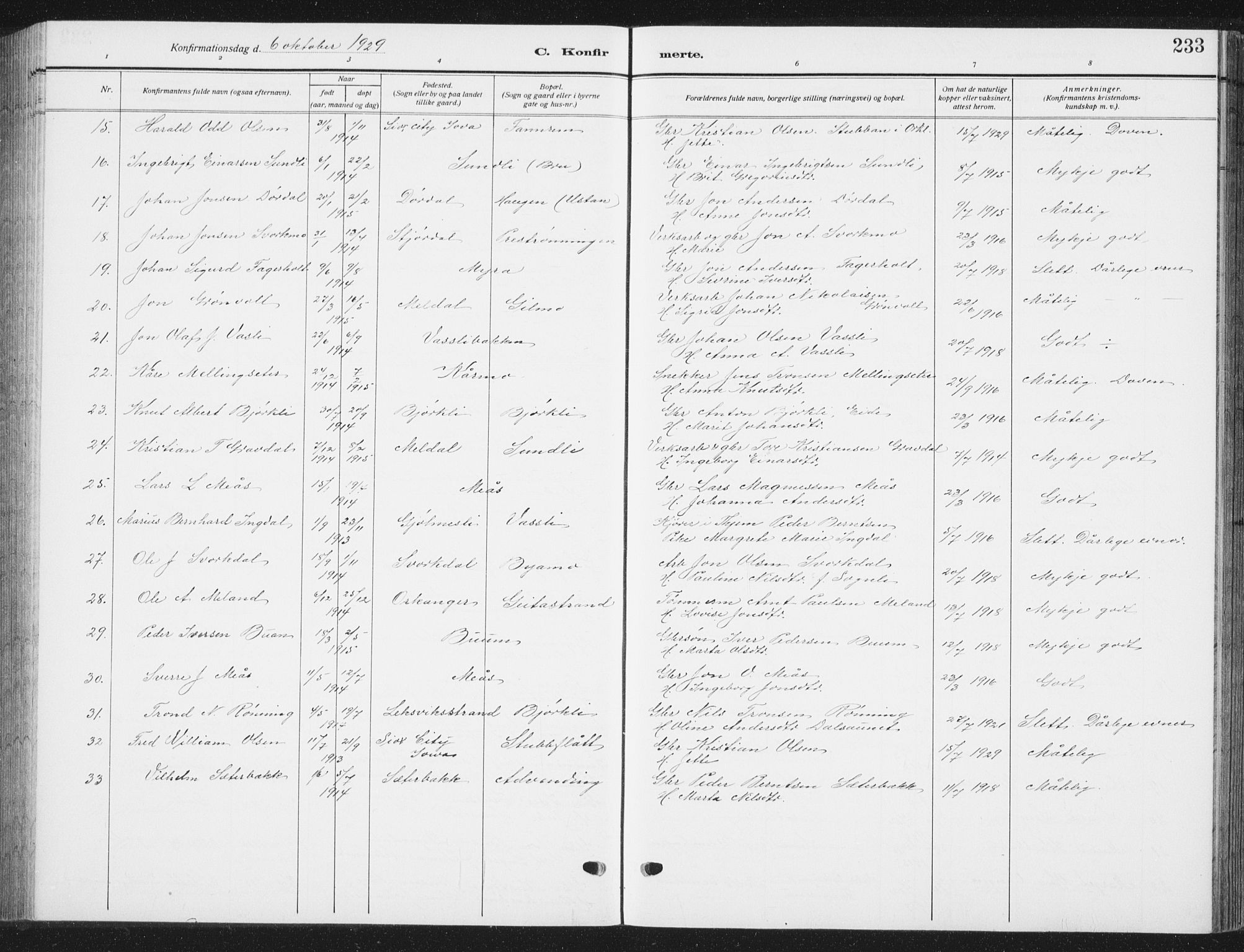 Ministerialprotokoller, klokkerbøker og fødselsregistre - Sør-Trøndelag, SAT/A-1456/668/L0820: Parish register (copy) no. 668C09, 1912-1936, p. 233