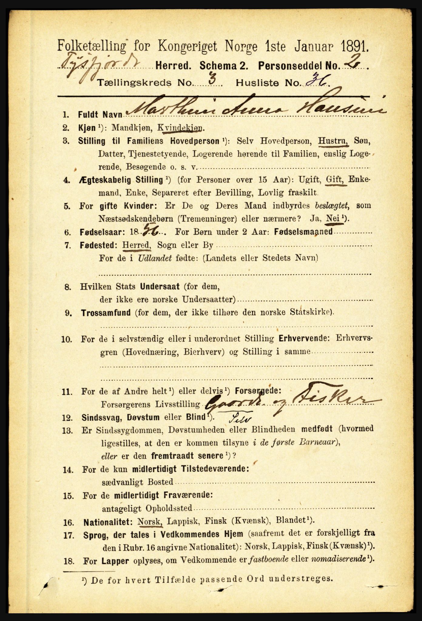 RA, 1891 census for 1850 Tysfjord, 1891, p. 1305