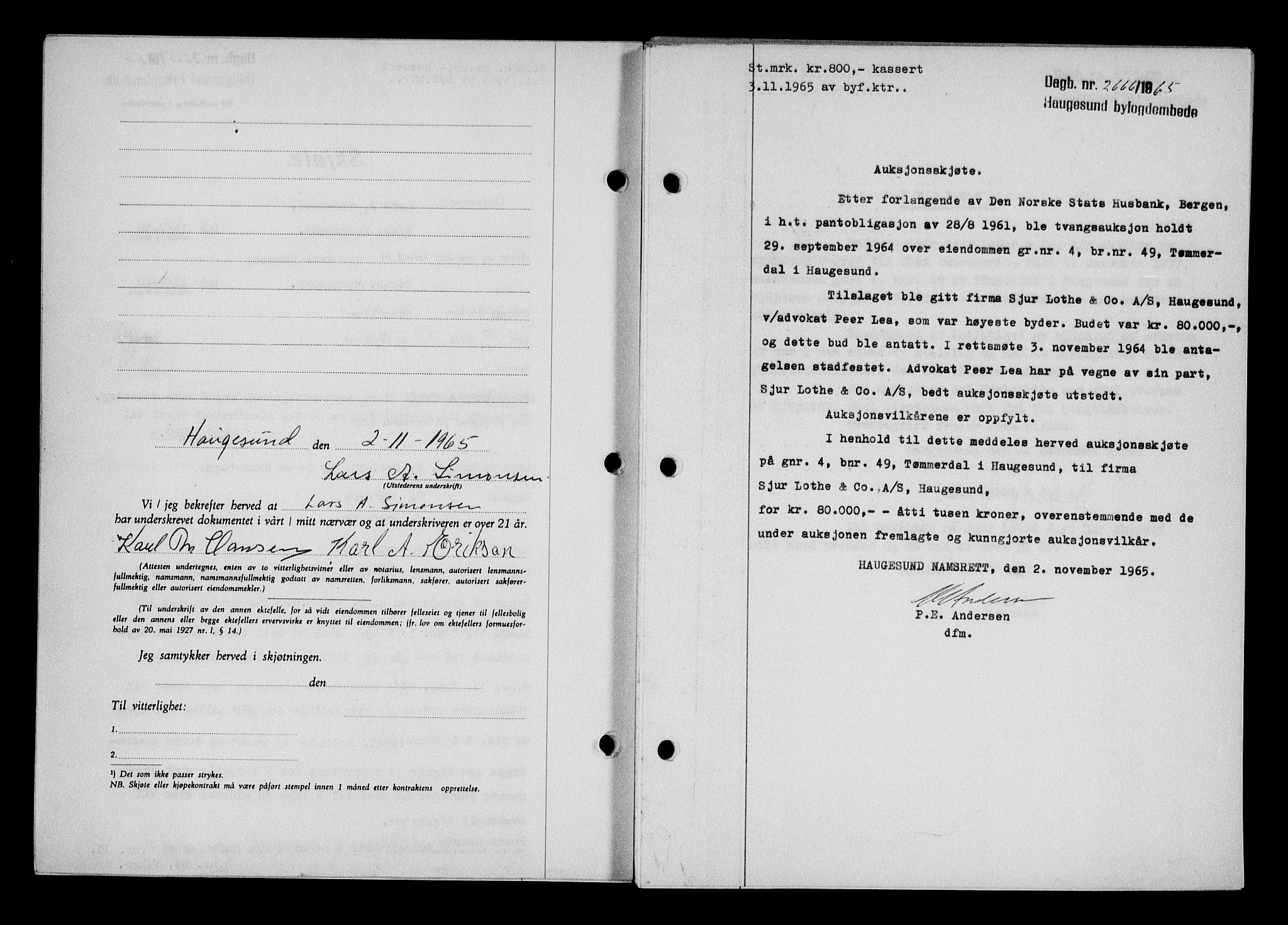 Haugesund tingrett, AV/SAST-A-101415/01/II/IIC/L0076: Mortgage book no. A 17, 1965-1966, Diary no: : 2666/1965