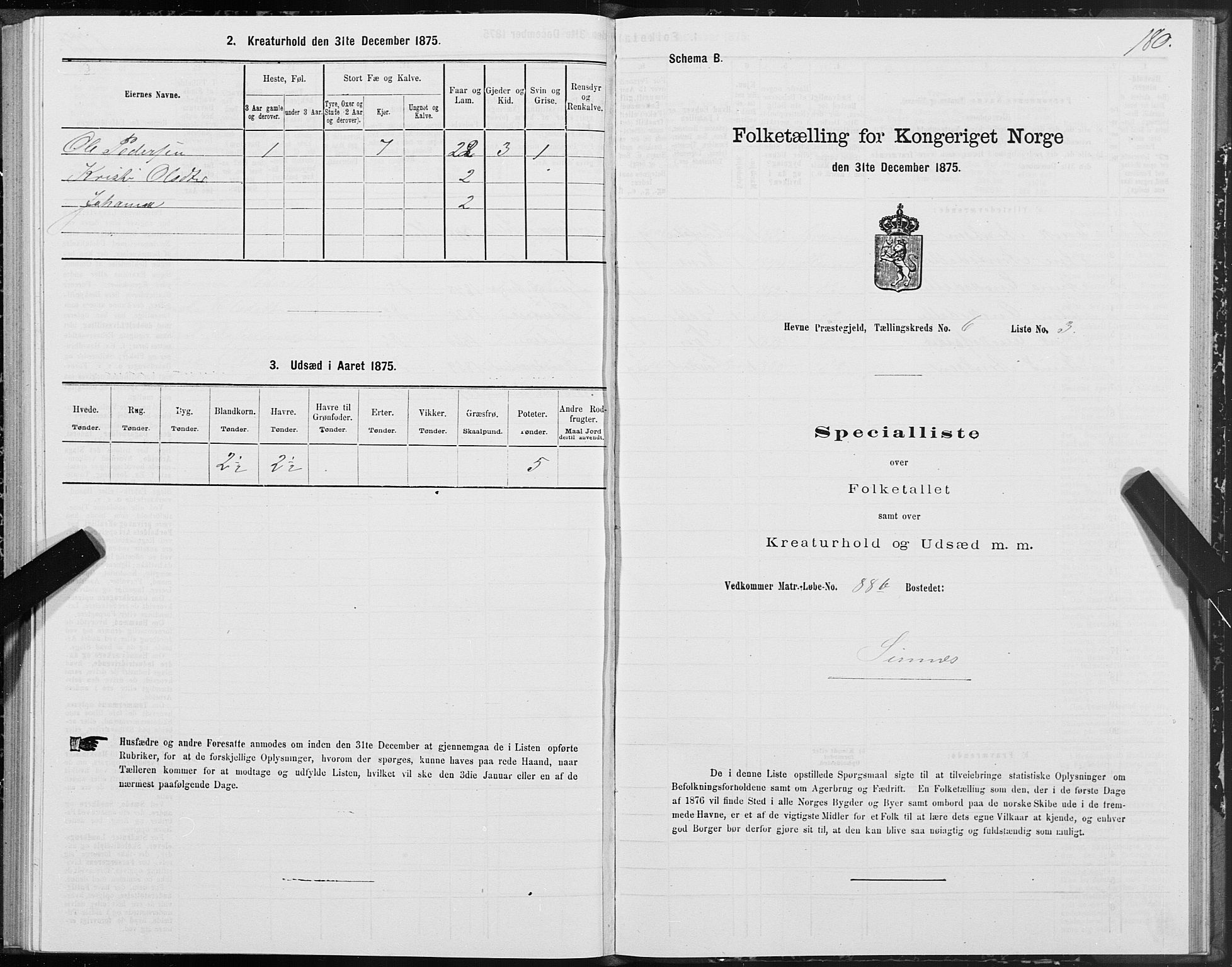 SAT, 1875 census for 1612P Hemne, 1875, p. 3180