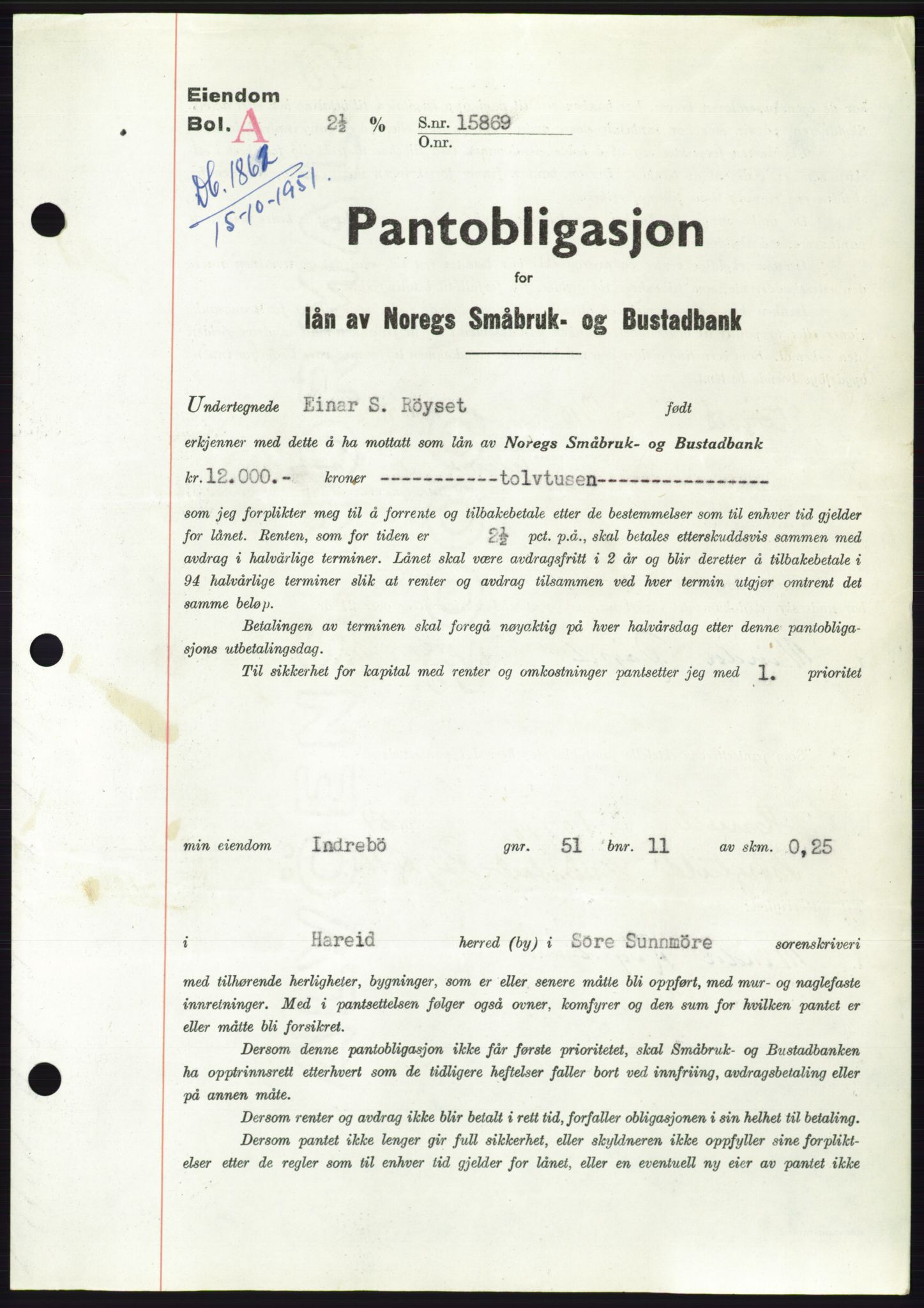 Søre Sunnmøre sorenskriveri, AV/SAT-A-4122/1/2/2C/L0120: Mortgage book no. 8B, 1951-1951, Diary no: : 1861/1951