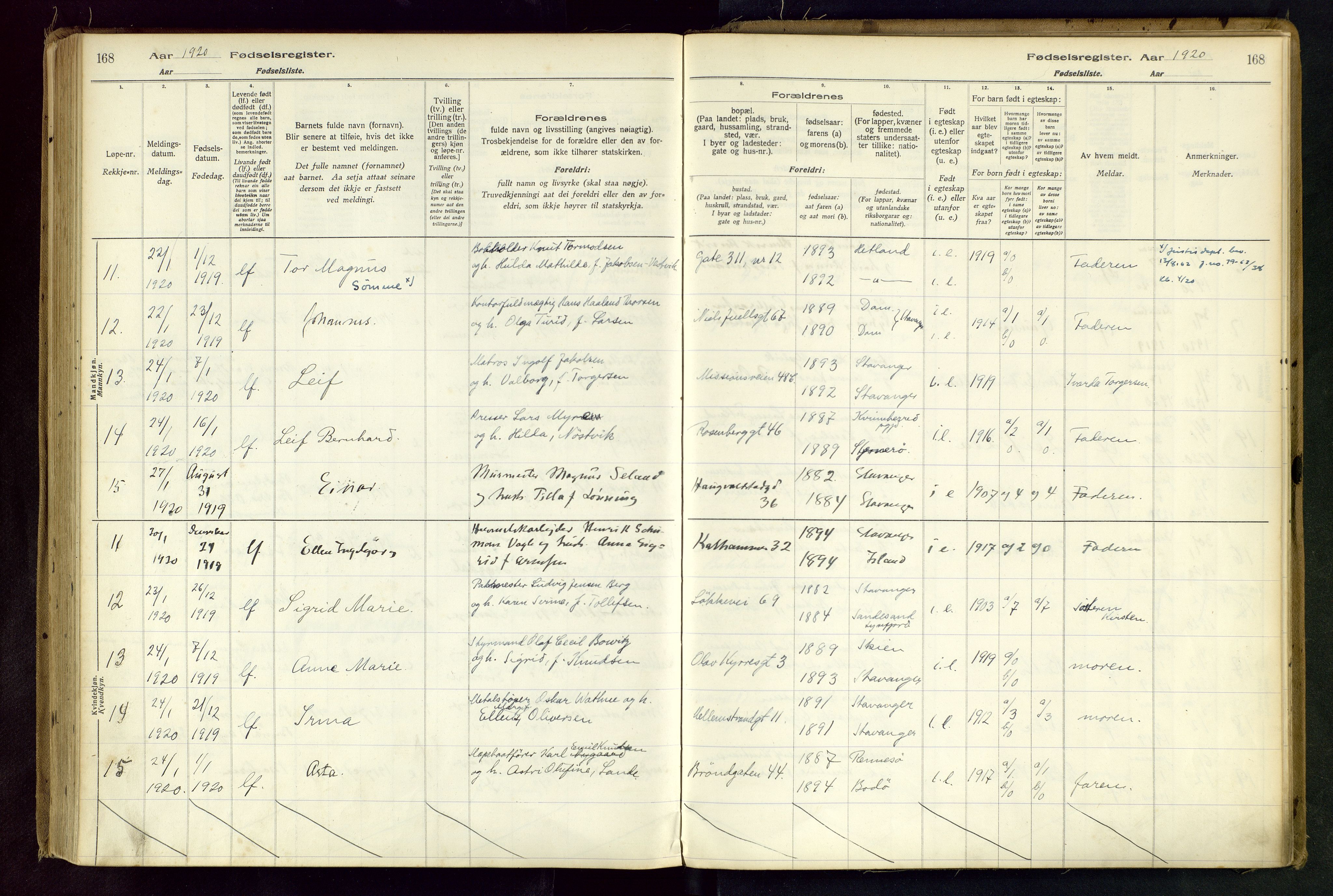 Domkirken sokneprestkontor, AV/SAST-A-101812/002/B/L0001: Birth register no. 1, 1916-1920, p. 168