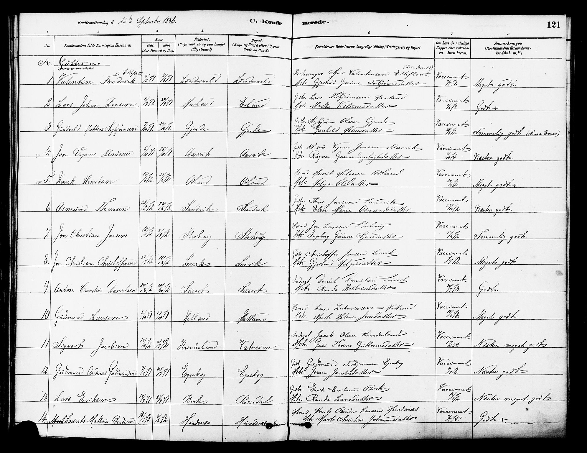 Tysvær sokneprestkontor, AV/SAST-A -101864/H/Ha/Haa/L0006: Parish register (official) no. A 6, 1878-1896, p. 121