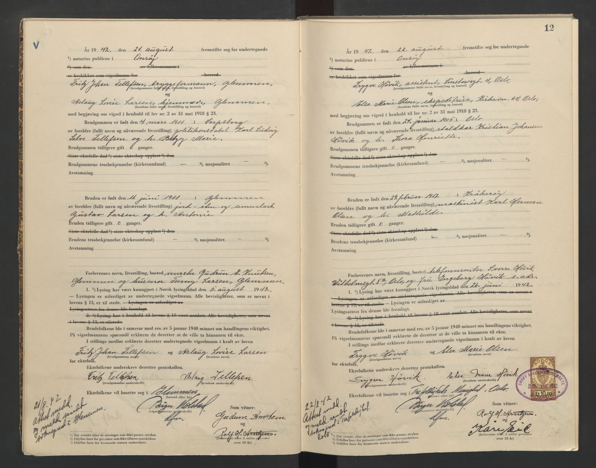 Onsøy sorenskriveri, AV/SAO-A-10474/L/La/L0002: Vigselsbok, 1942-1943, p. 12