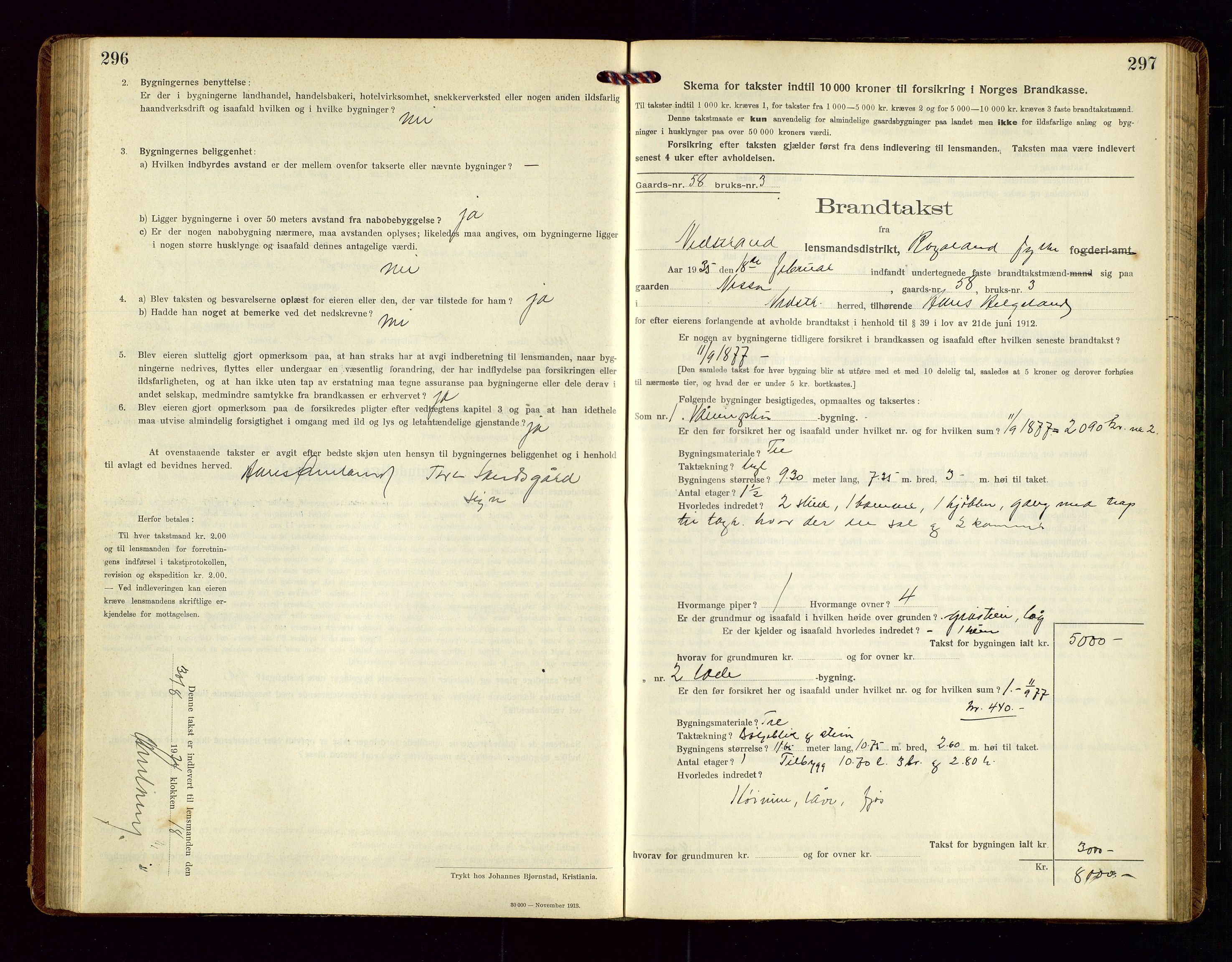 Nedstrand lensmannskontor, SAST/A-100236/Gob/L0002: "Brandtakstprotokol for Nerstrand lensmandsdistrikt Rogaland Fylke", 1916-1949, p. 296-297