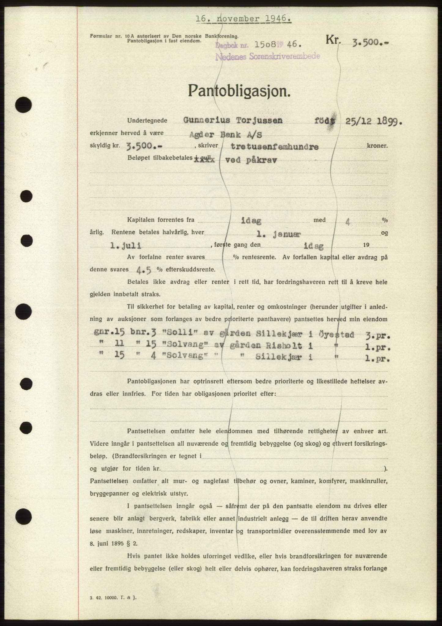 Nedenes sorenskriveri, SAK/1221-0006/G/Gb/Gbb/L0003: Mortgage book no. B3b, 1946-1946, Diary no: : 1508/1946