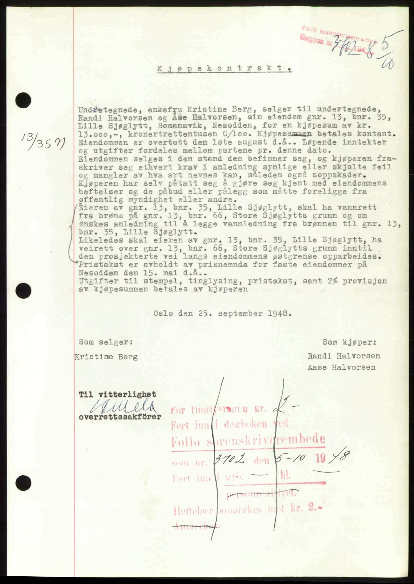Follo sorenskriveri, SAO/A-10274/G/Ga/Gaa/L0085: Mortgage book no. I 85, 1948-1948, Diary no: : 3702/1948