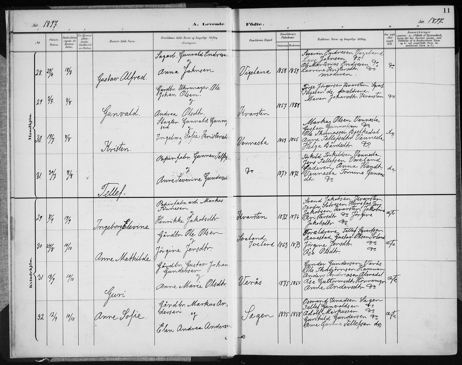 Vennesla sokneprestkontor, AV/SAK-1111-0045/Fa/Fab/L0005: Parish register (official) no. A 5, 1897-1909, p. 11
