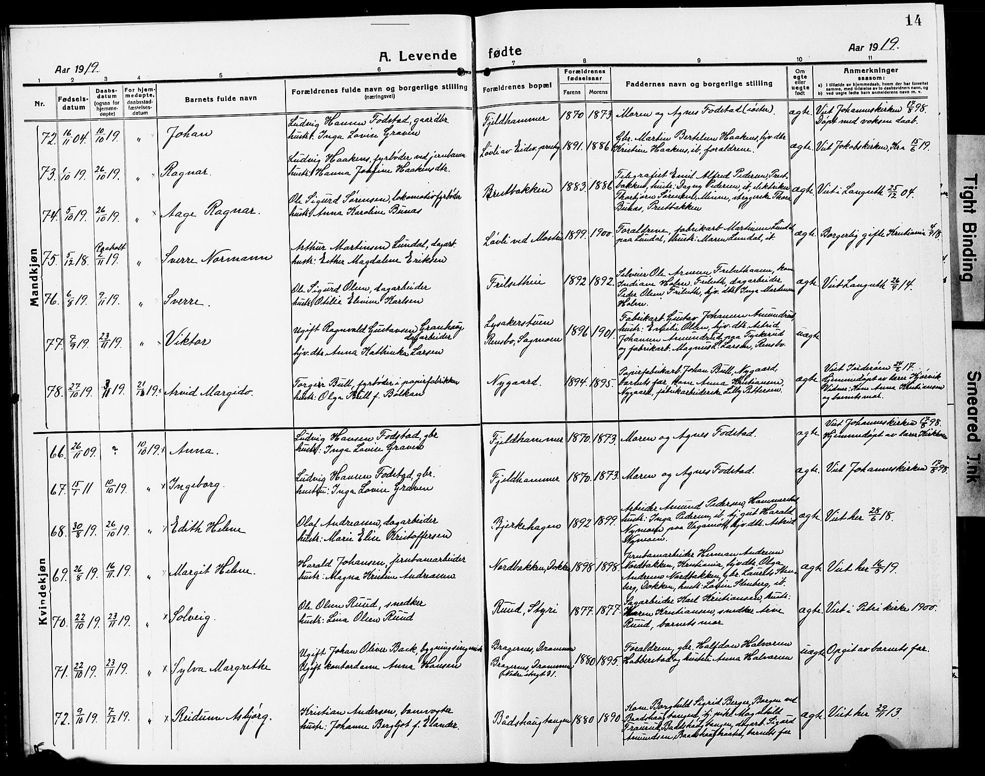 Eidsvoll prestekontor Kirkebøker, SAO/A-10888/G/Ga/L0010: Parish register (copy) no. I 10, 1919-1929, p. 14