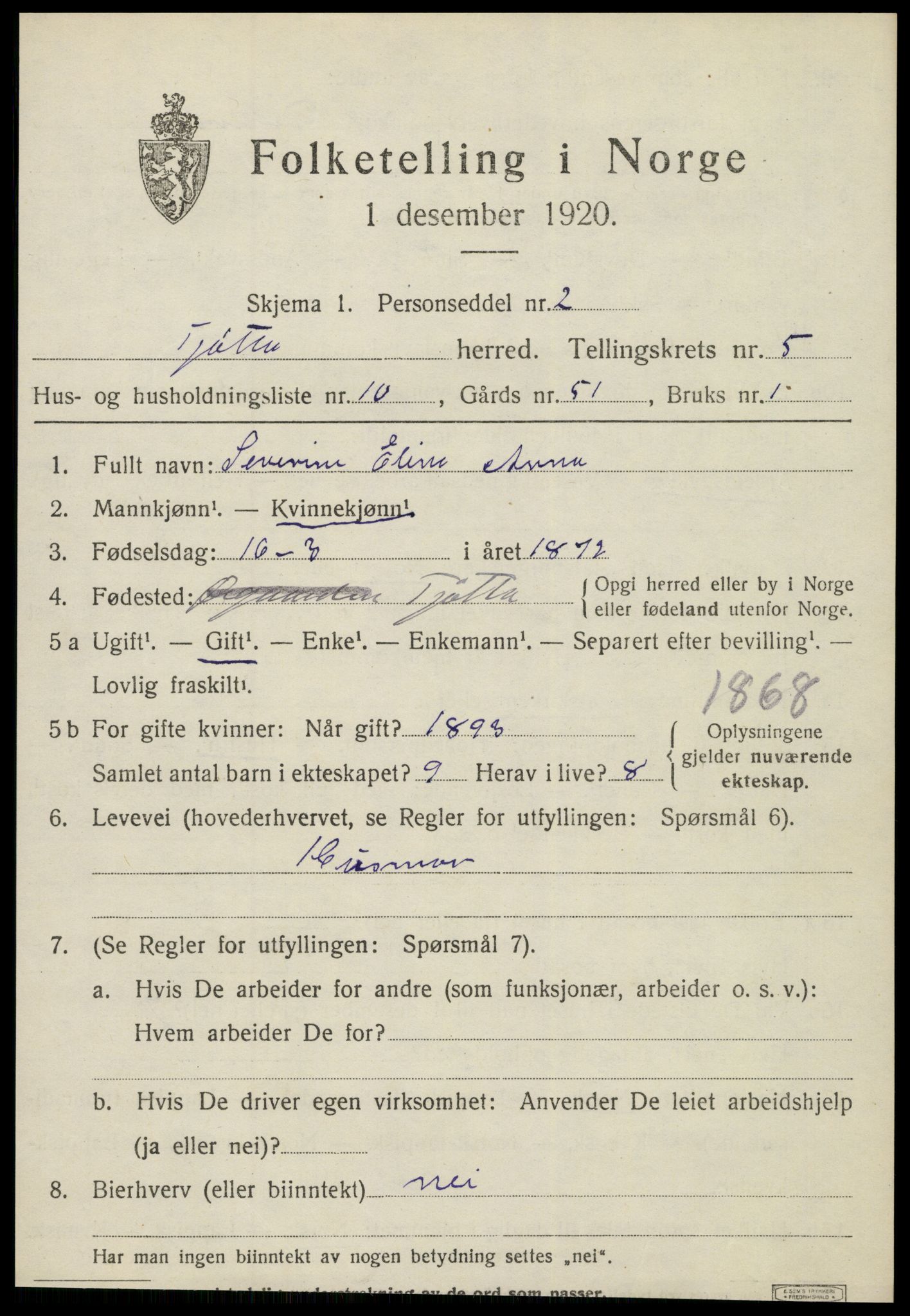 SAT, 1920 census for Tjøtta, 1920, p. 2107