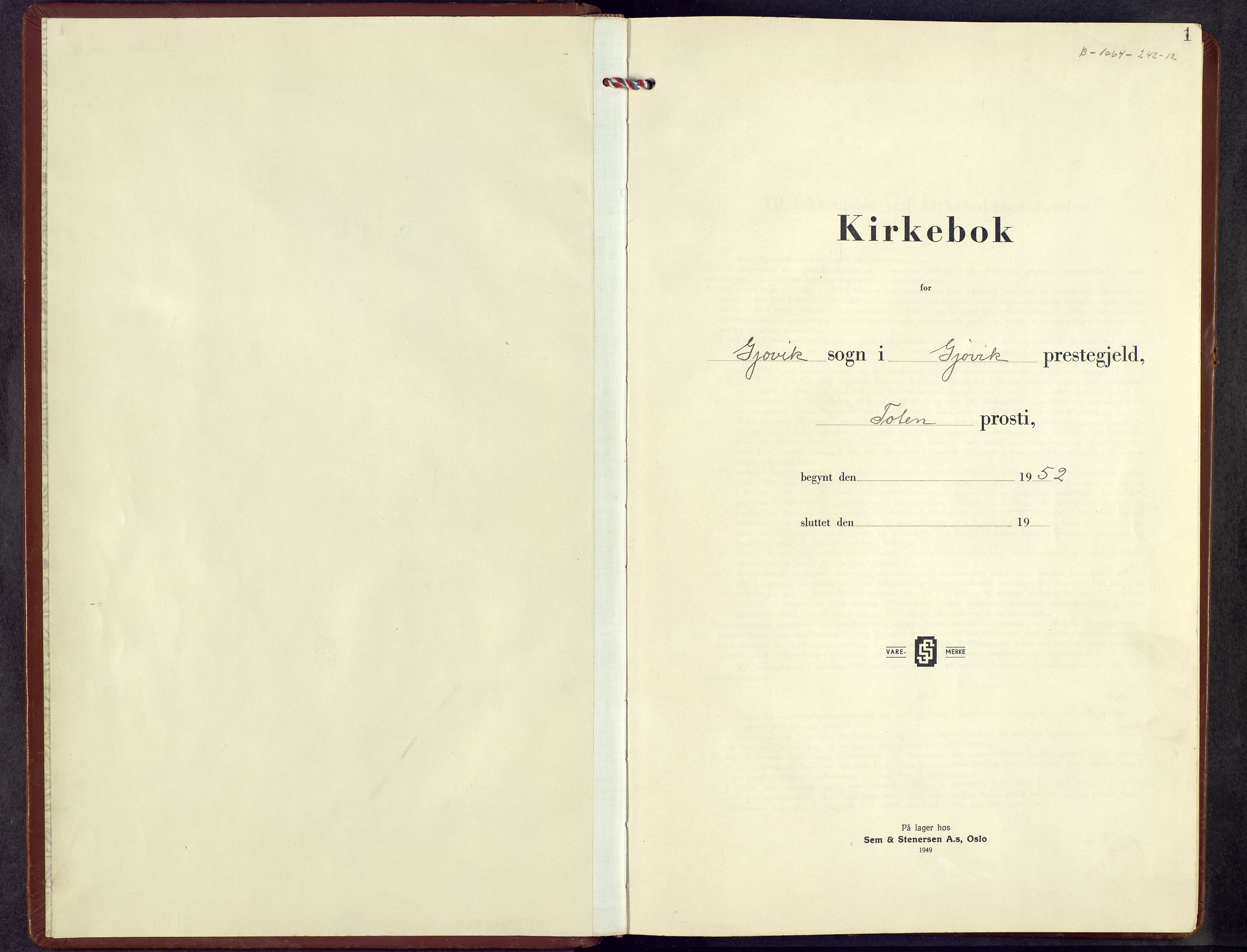 Gjøvik prestekontor, SAH/PREST-098/H/Ha/Hab/L0002: Parish register (copy) no. 2, 1952-1963, p. 1