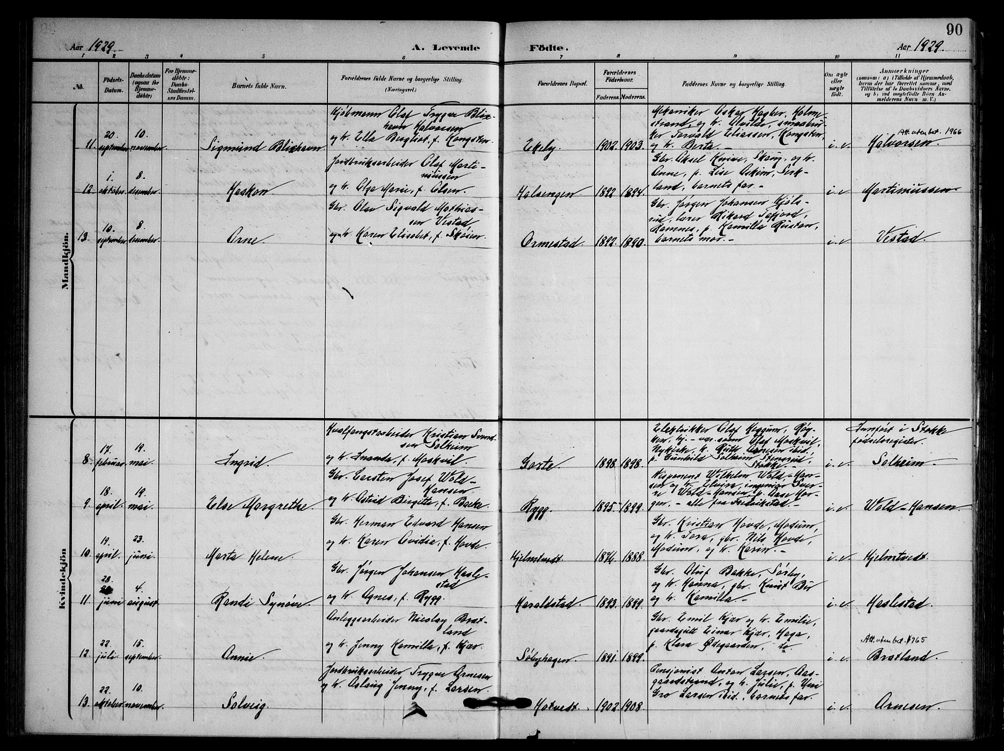 Våle kirkebøker, AV/SAKO-A-334/F/Fa/L0012: Parish register (official) no. I 12, 1907-1934, p. 90