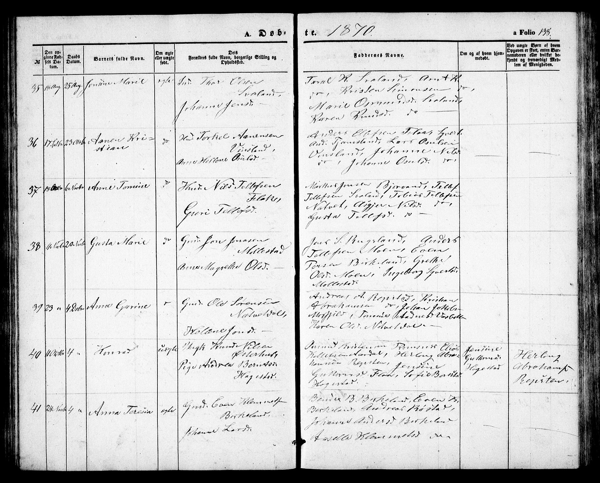 Birkenes sokneprestkontor, AV/SAK-1111-0004/F/Fb/L0002: Parish register (copy) no. B 2, 1849-1876, p. 138