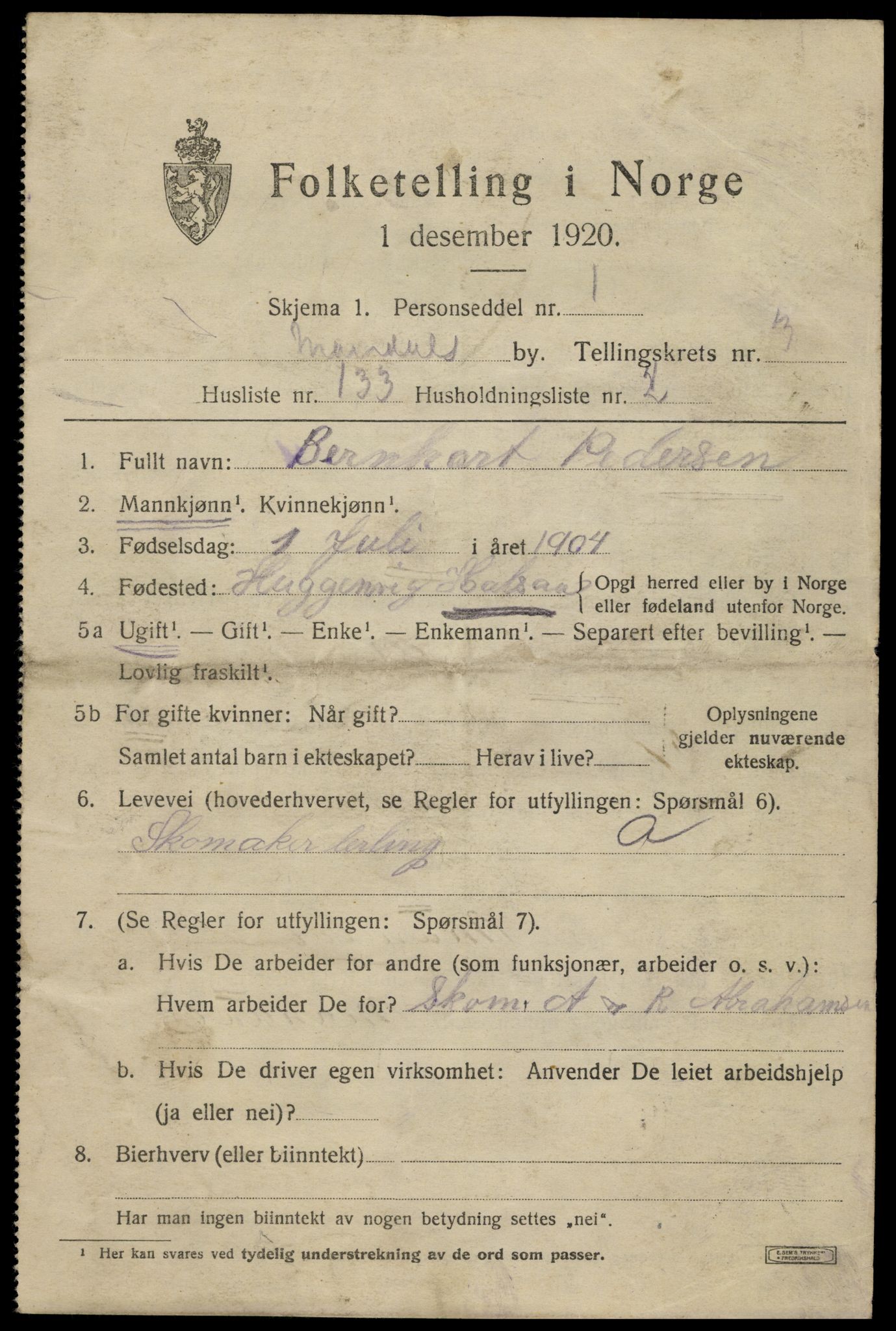 SAK, 1920 census for Mandal, 1920, p. 6999