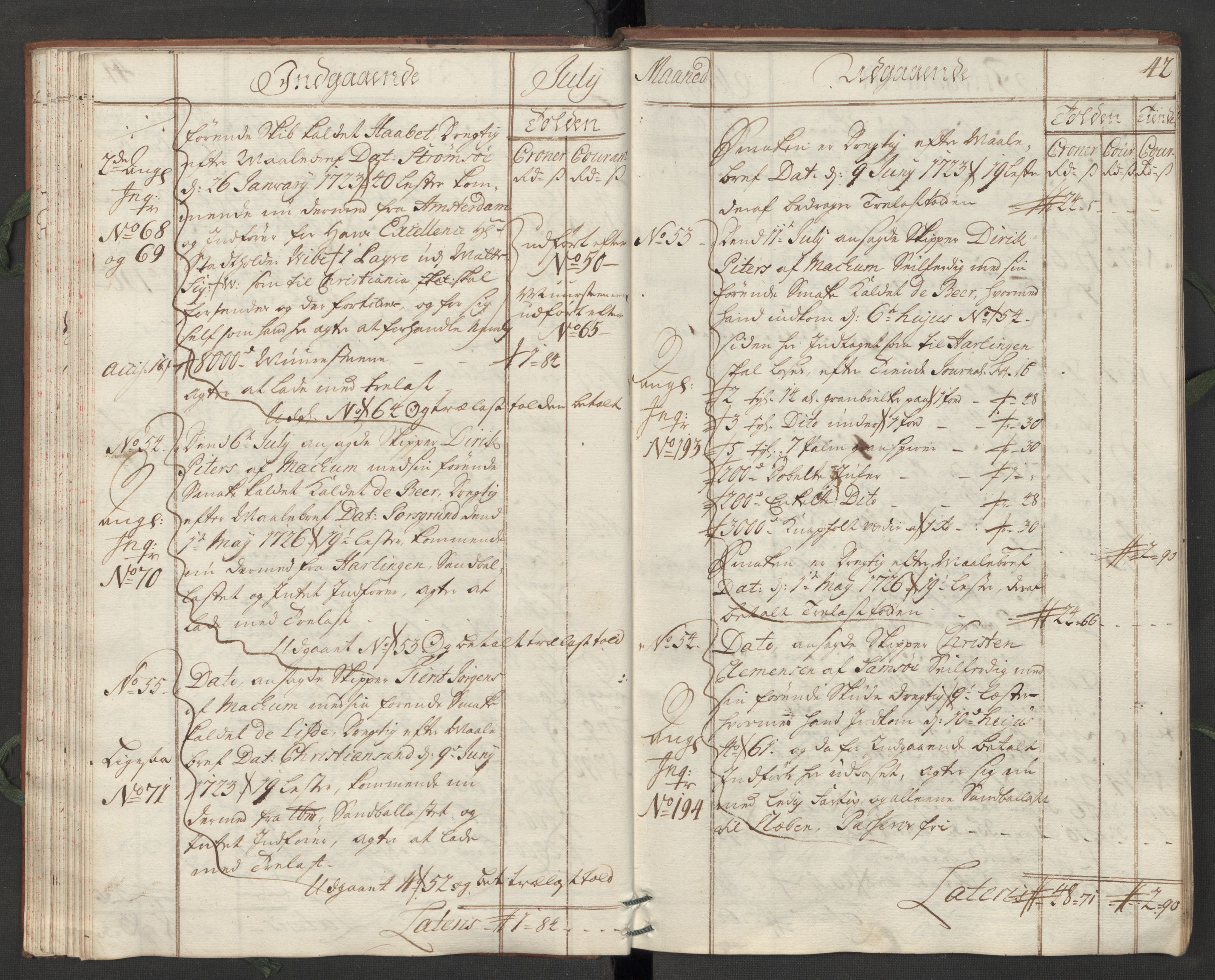 Generaltollkammeret, tollregnskaper, AV/RA-EA-5490/R07/L0009/0001: Tollregnskaper Sand / Hovedtollbok, 1731, p. 41b-42a
