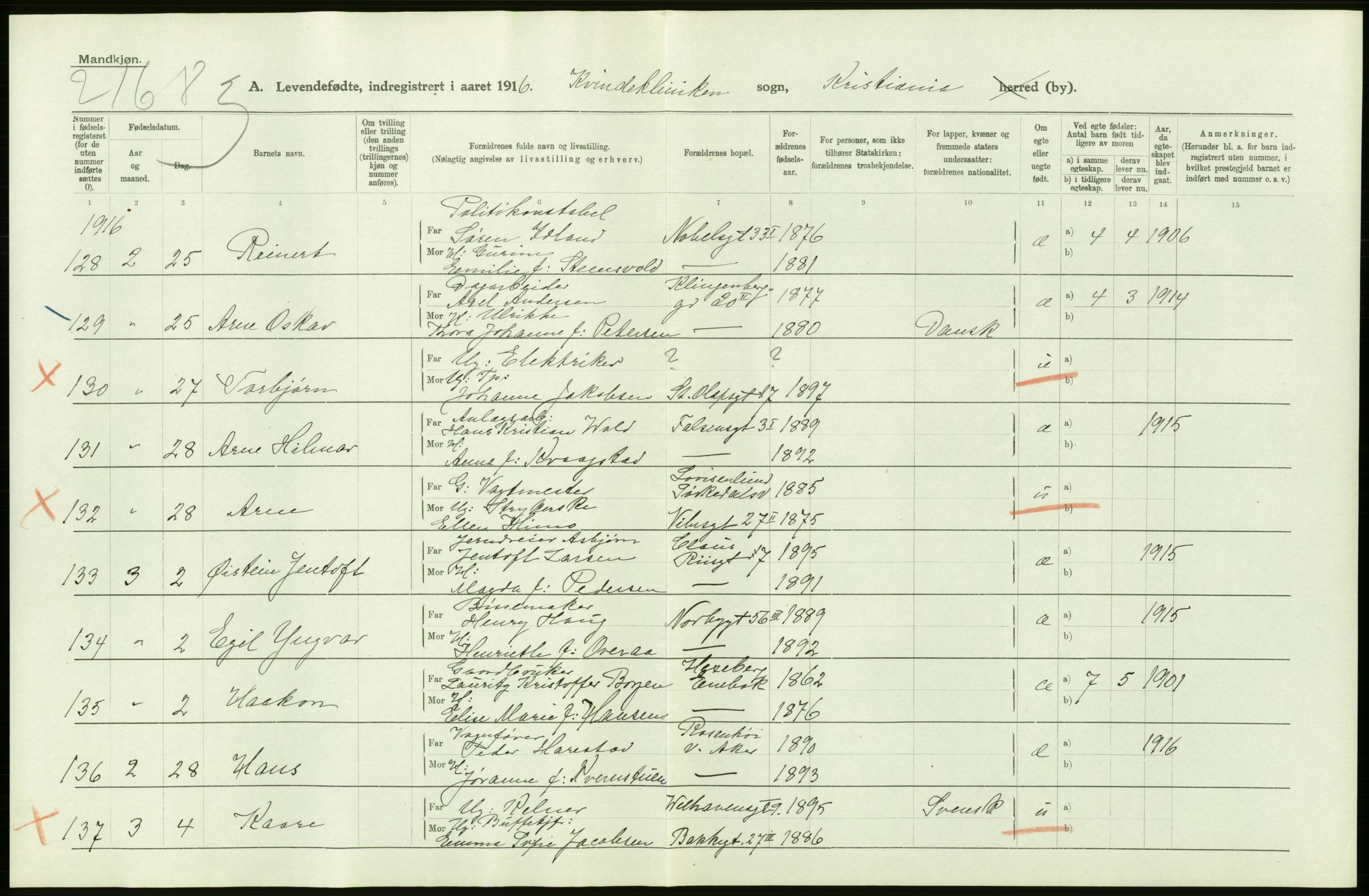 Statistisk sentralbyrå, Sosiodemografiske emner, Befolkning, AV/RA-S-2228/D/Df/Dfb/Dfbf/L0007: Kristiania: Levendefødte menn og kvinner., 1916, p. 28