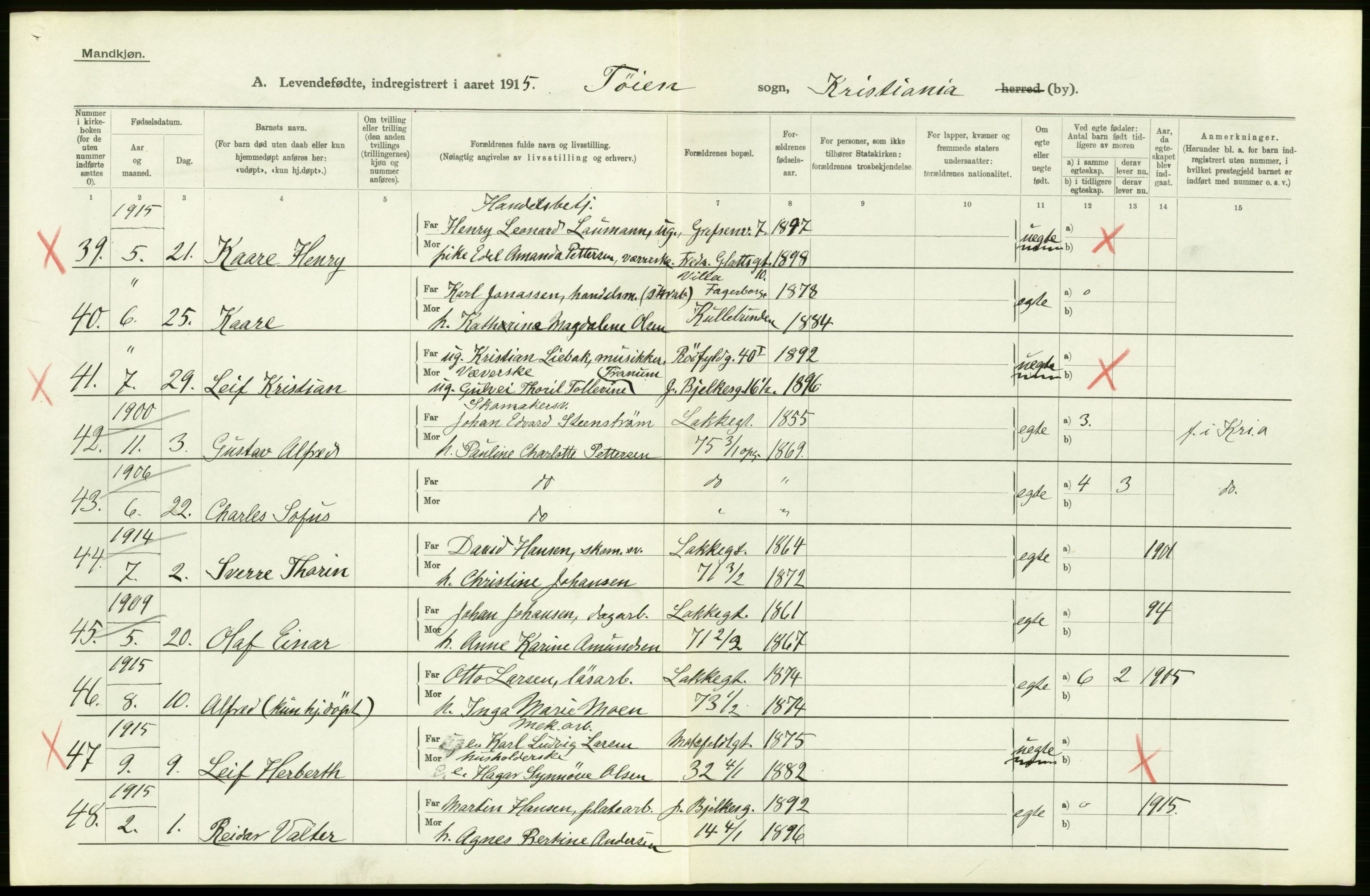 Statistisk sentralbyrå, Sosiodemografiske emner, Befolkning, RA/S-2228/D/Df/Dfb/Dfbe/L0006: Kristiania: Levendefødte menn og kvinner., 1915, p. 178