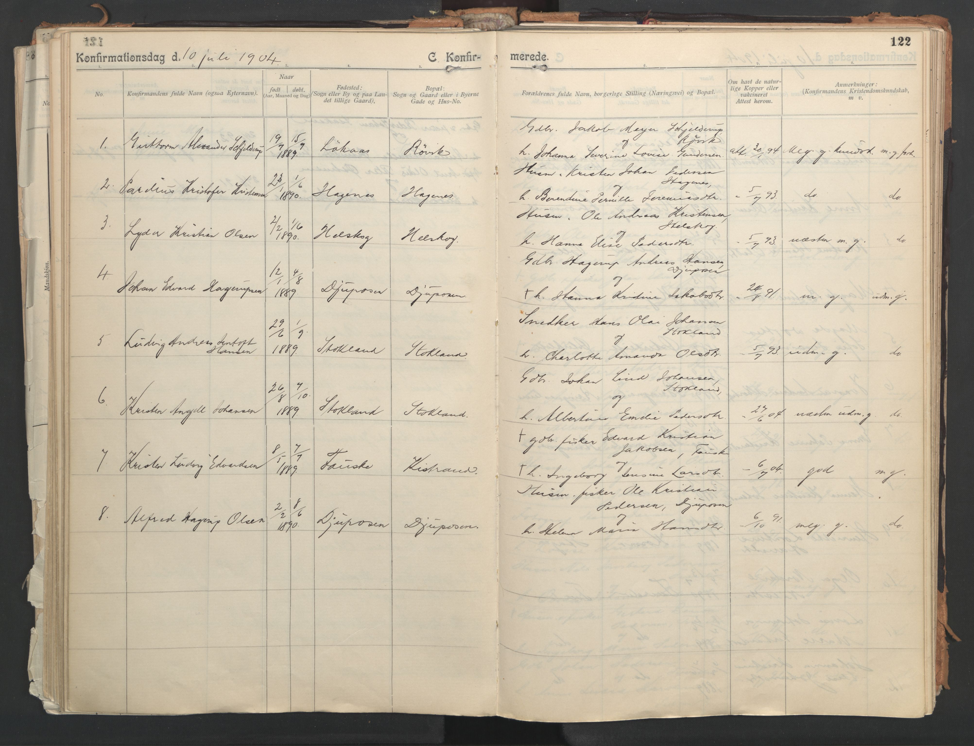 Ministerialprotokoller, klokkerbøker og fødselsregistre - Nordland, AV/SAT-A-1459/851/L0724: Parish register (official) no. 851A01, 1901-1922, p. 122