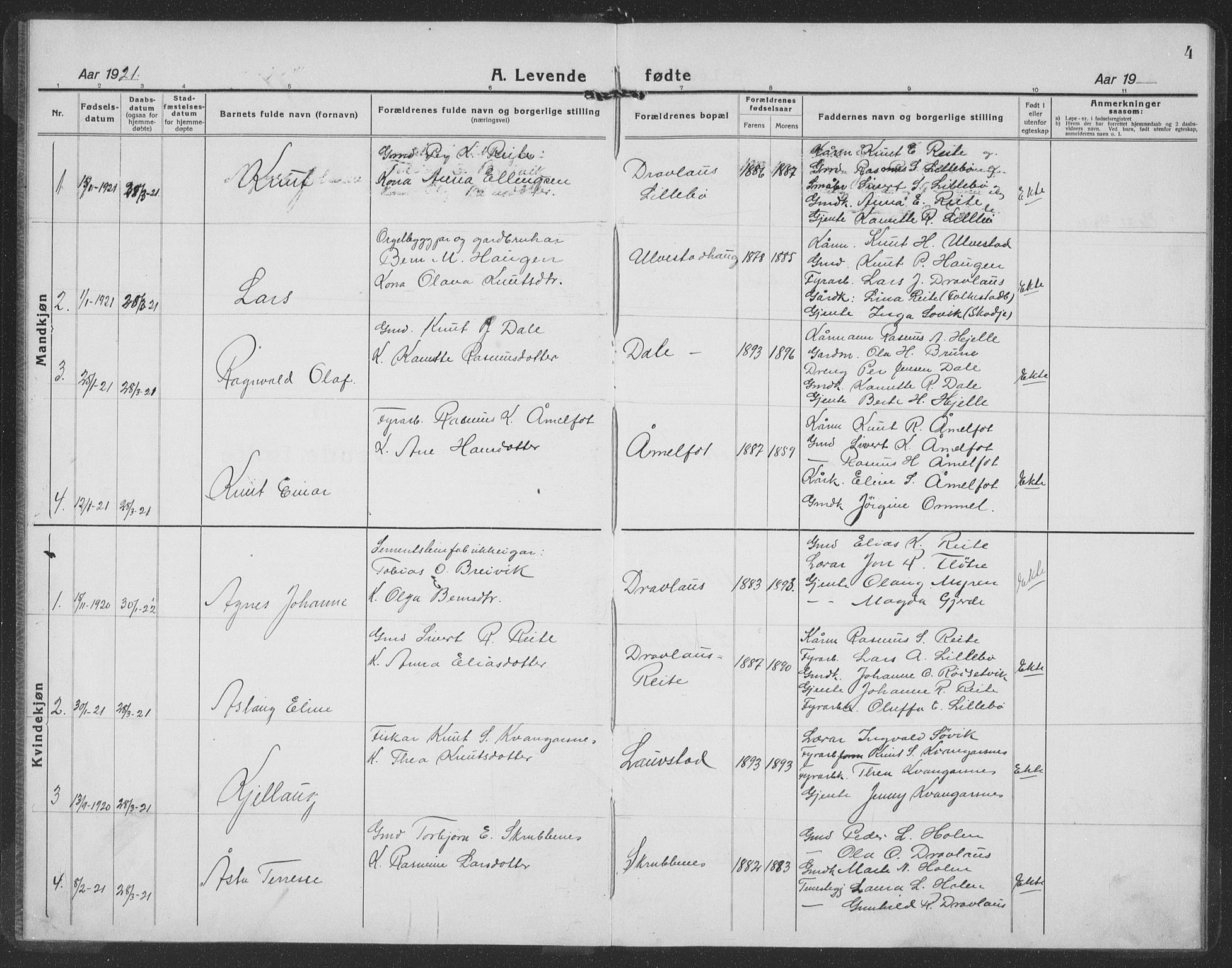 Ministerialprotokoller, klokkerbøker og fødselsregistre - Møre og Romsdal, SAT/A-1454/512/L0170: Parish register (copy) no. 512C02, 1921-1938, p. 4