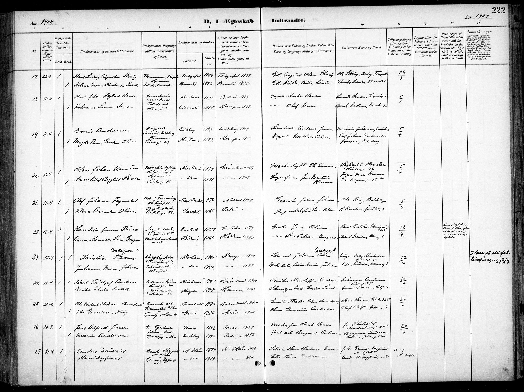Kampen prestekontor Kirkebøker, SAO/A-10853/F/Fa/L0009: Parish register (official) no. I 9, 1899-1911, p. 222