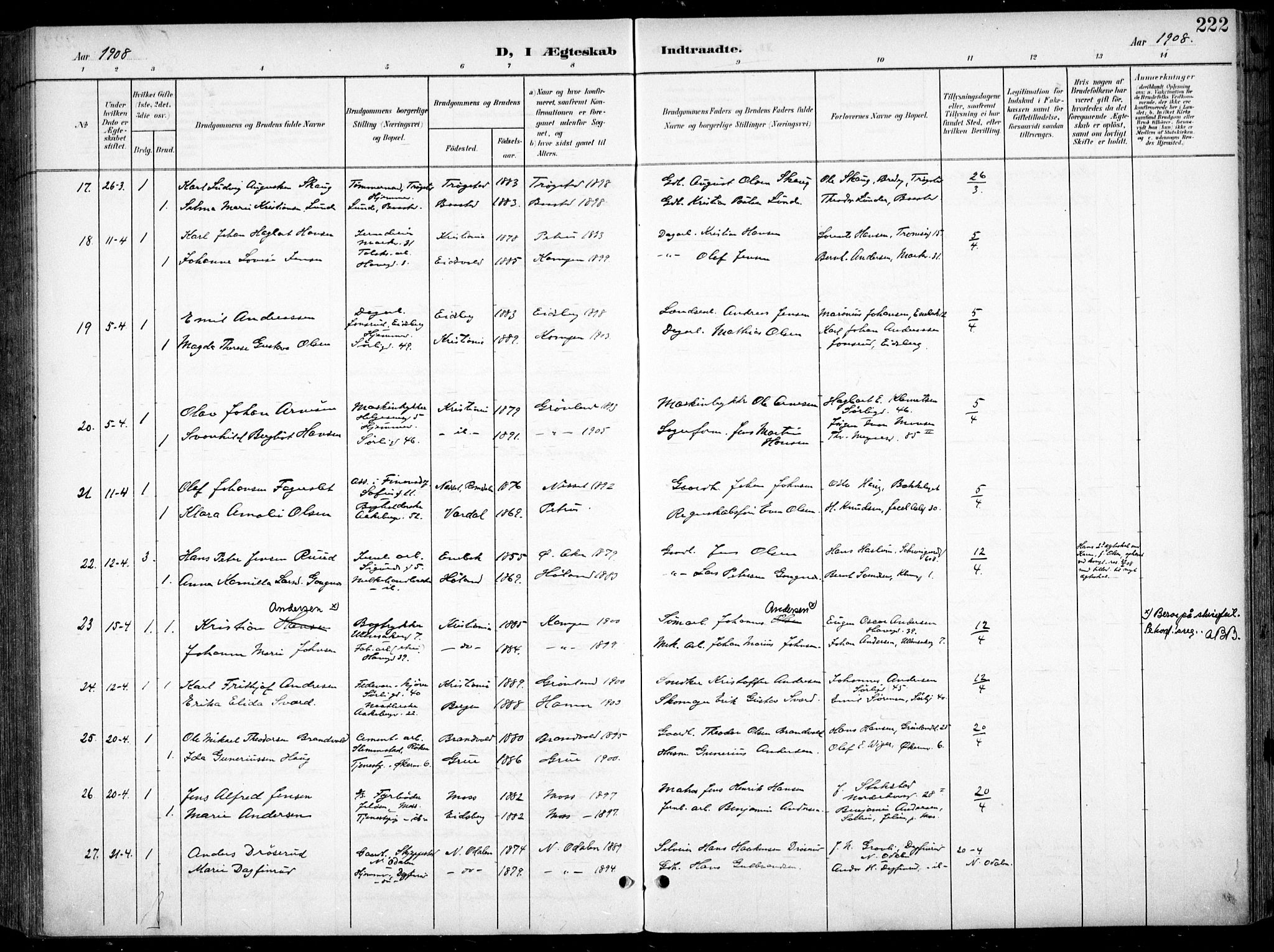 Kampen prestekontor Kirkebøker, AV/SAO-A-10853/F/Fa/L0009: Parish register (official) no. I 9, 1899-1911, p. 222