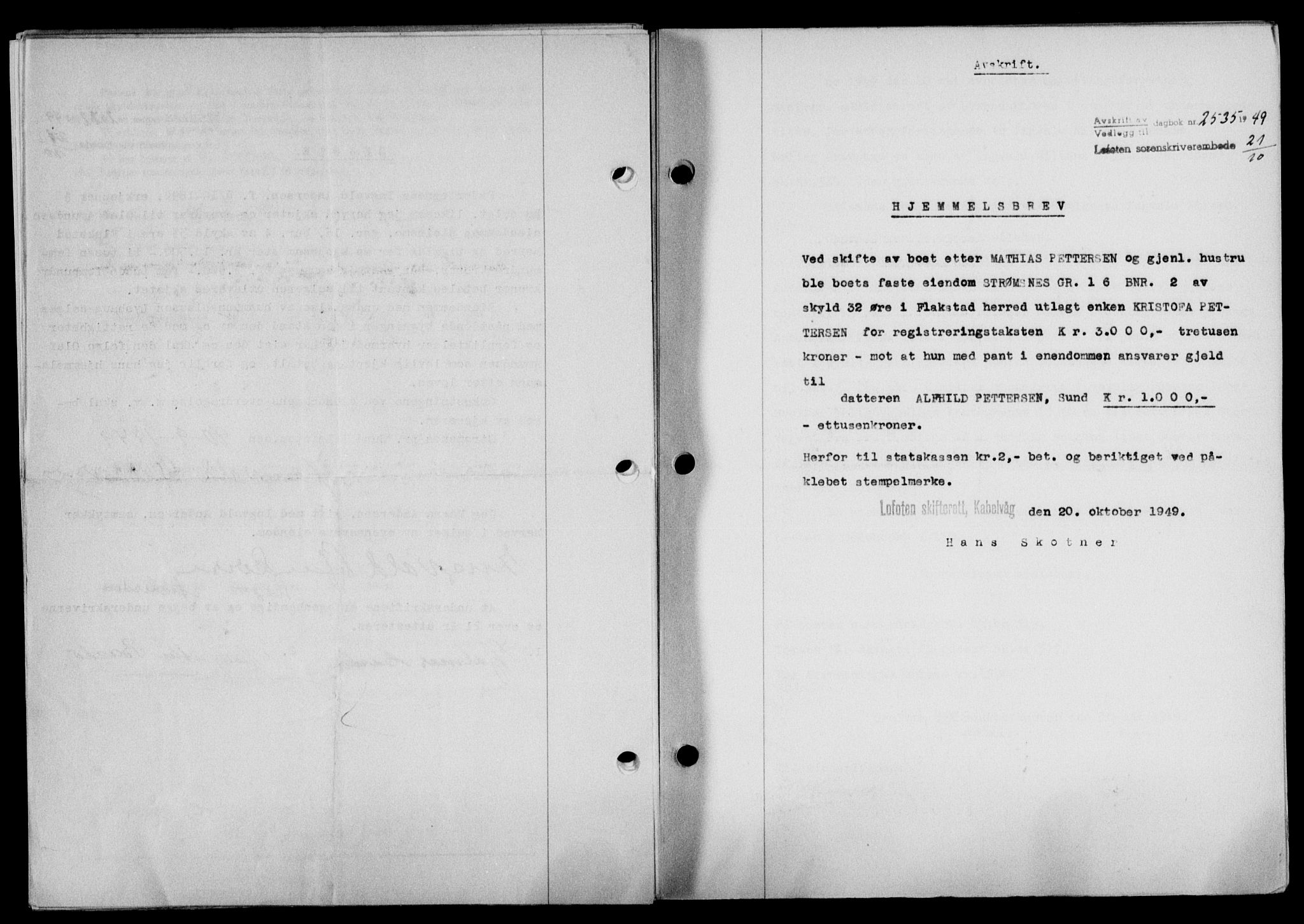 Lofoten sorenskriveri, SAT/A-0017/1/2/2C/L0022a: Mortgage book no. 22a, 1949-1950, Diary no: : 2535/1949