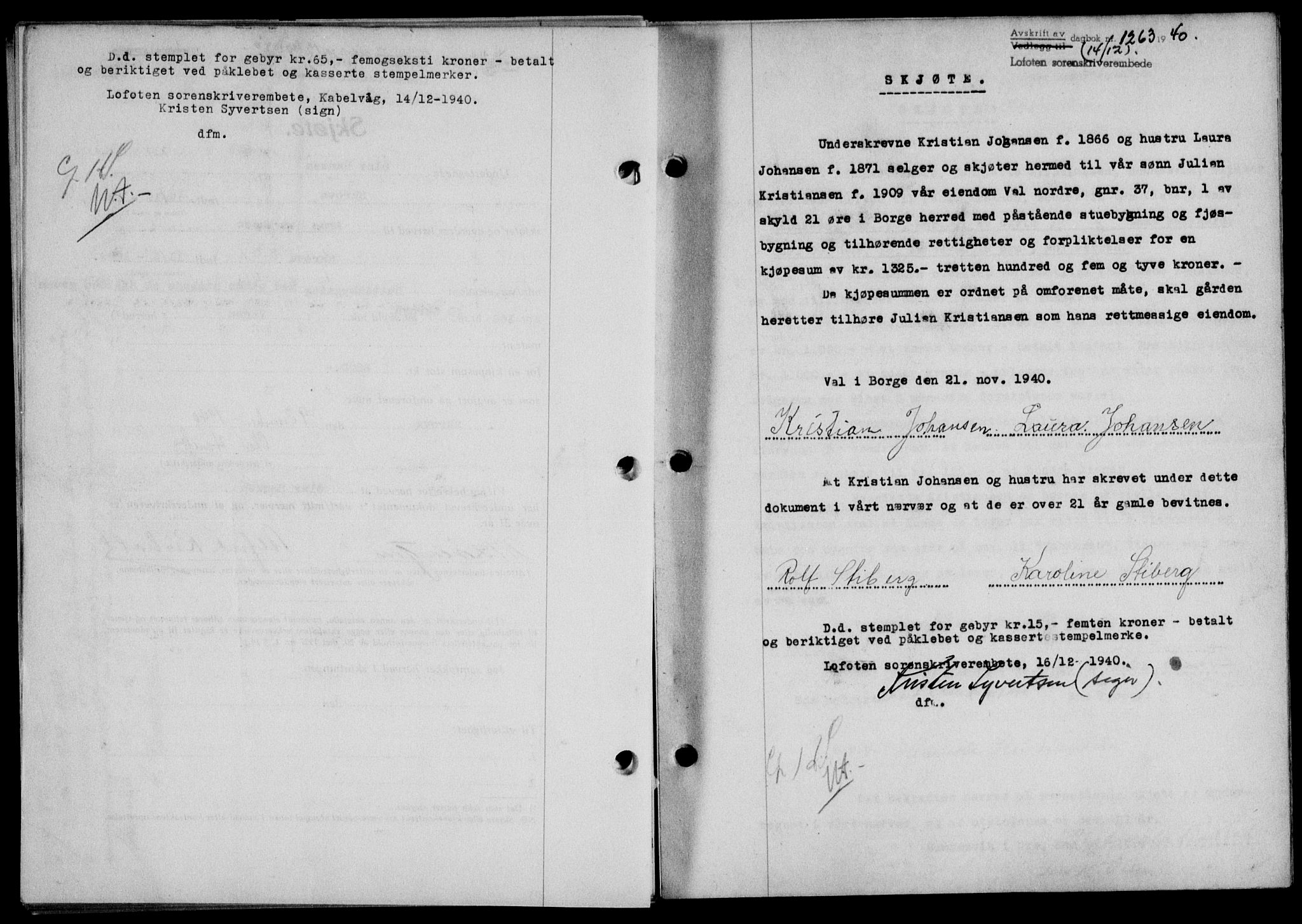 Lofoten sorenskriveri, SAT/A-0017/1/2/2C/L0008a: Mortgage book no. 8a, 1940-1941, Diary no: : 1263/1940