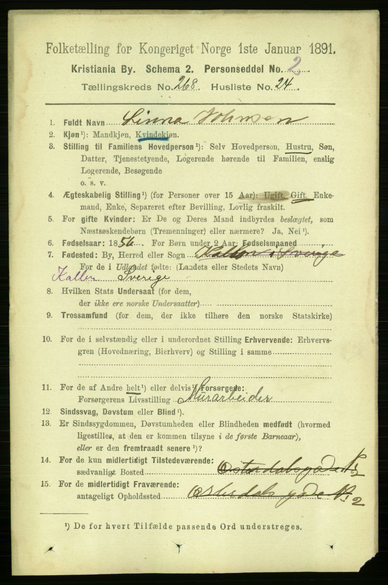 RA, 1891 census for 0301 Kristiania, 1891, p. 162797