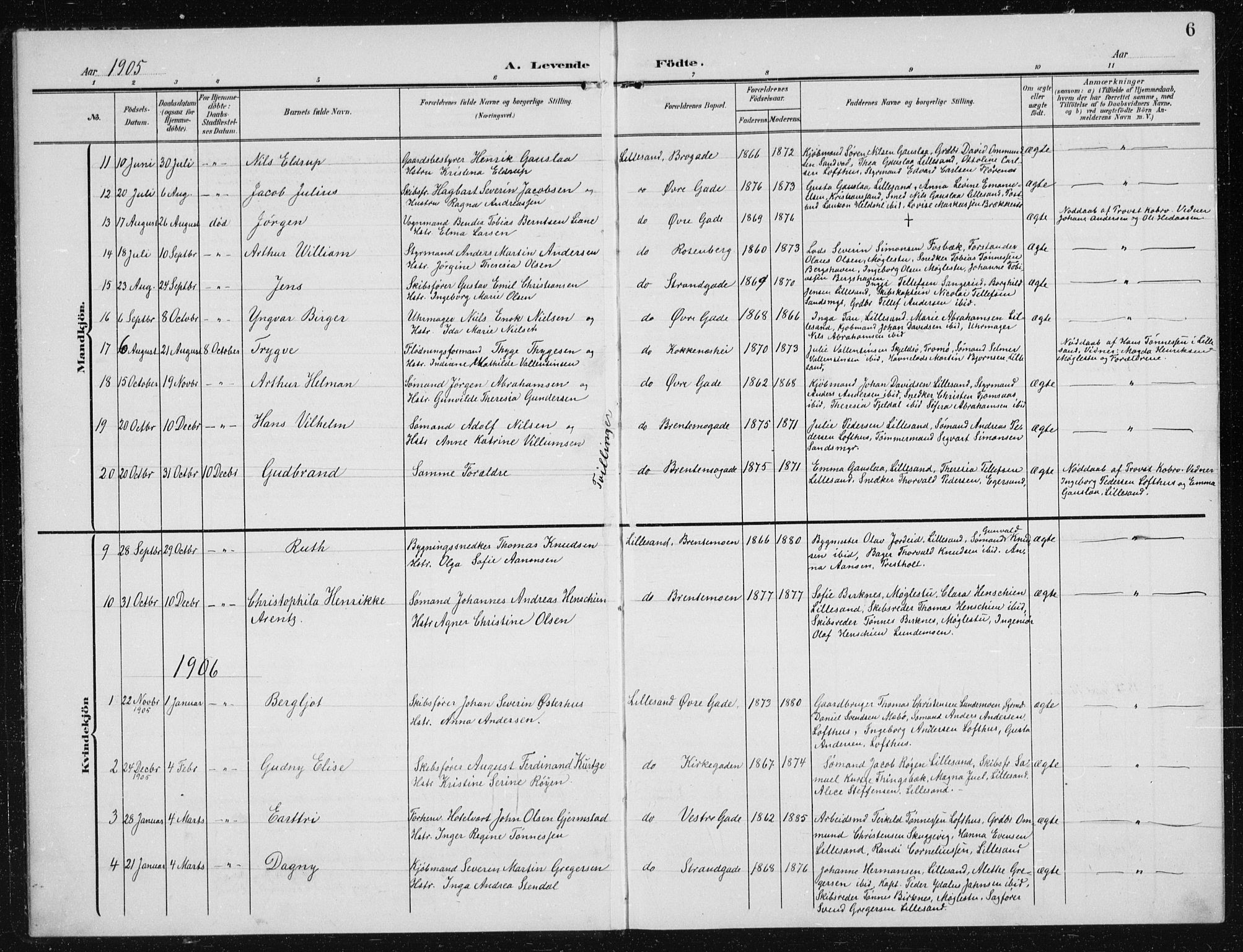 Vestre Moland sokneprestkontor, AV/SAK-1111-0046/F/Fb/Fba/L0002: Parish register (copy) no. B 2, 1904-1934, p. 6